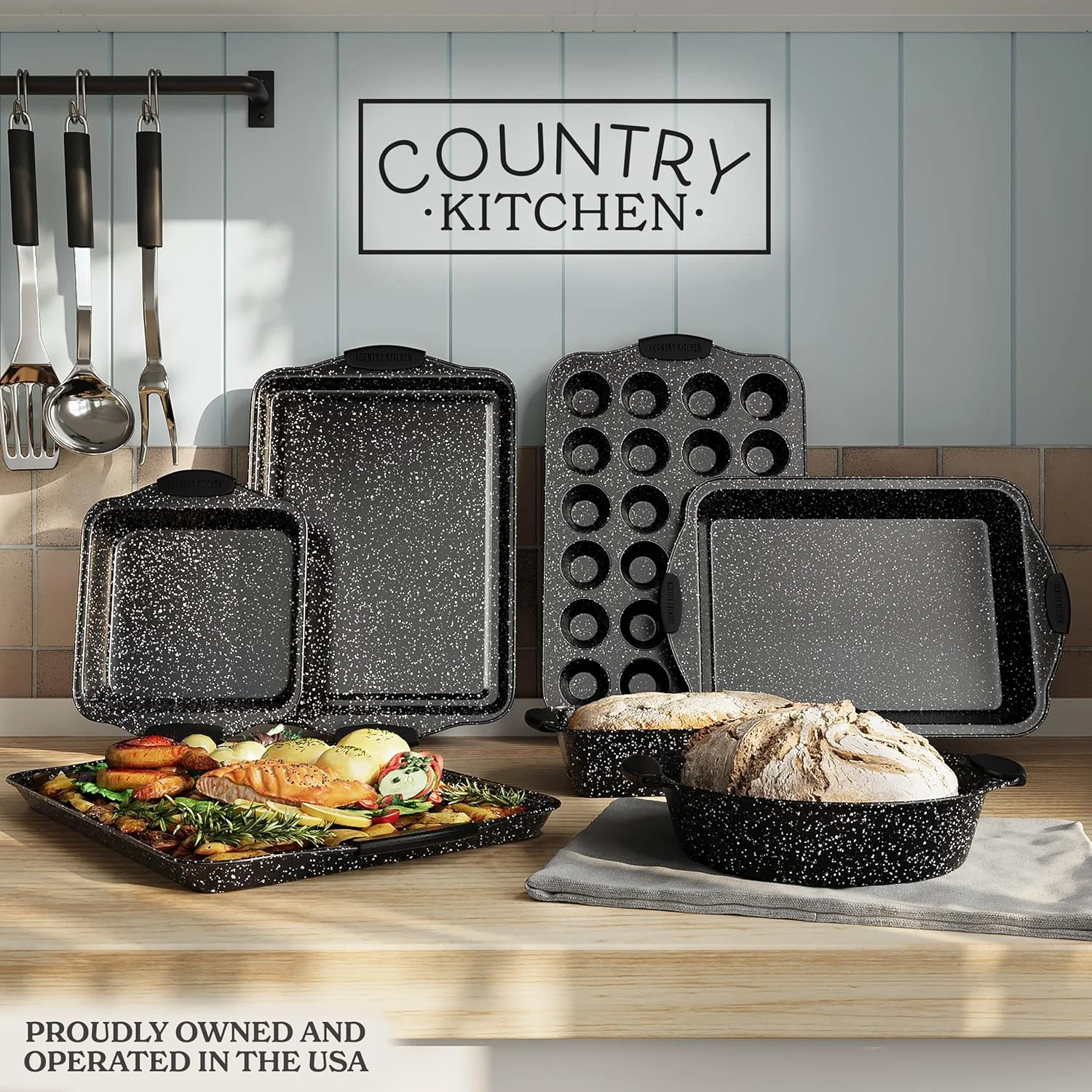 Country Kitchen 10-Piece Nonstick Bakeware Set - Stackable Pots and Pans, Black