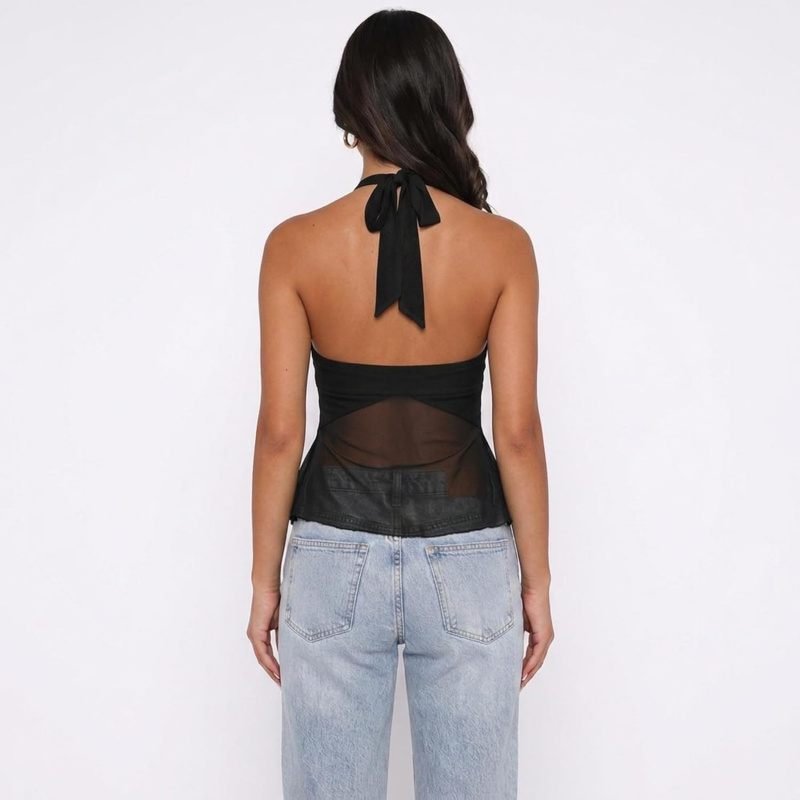 Usweetie Women Y2K Sexy Sheer Mesh Flowy Halter Top