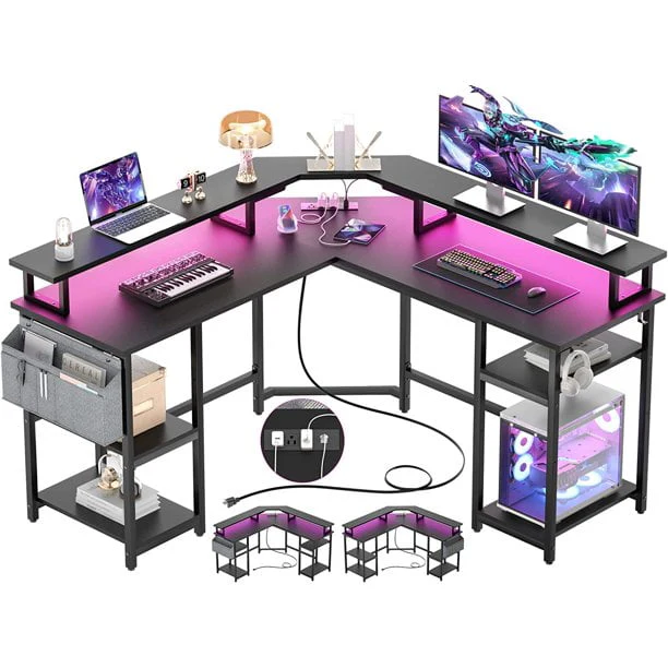 Homieasy L Shaped Desk with Power Outlet and Monitor Stand, 55