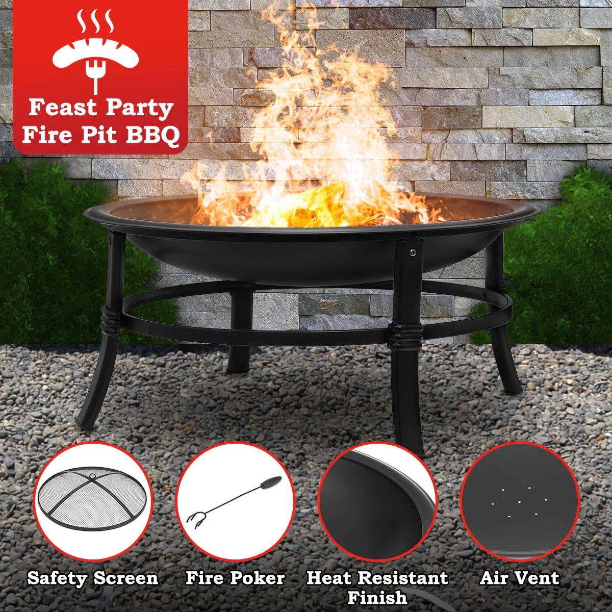 Singlyfire 26 inch Fire Pit for Outside Portable Wood Small Bowl for with Log Grate, Poker