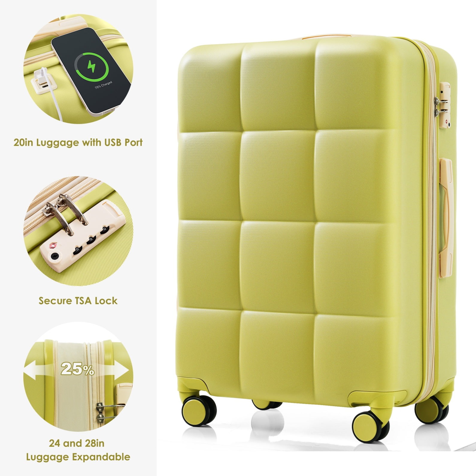 3 Piece Luggage Set , 20/24/28 inches Suitcase Set , ABS Hardshell Expandable Luggage Sets with TSA Lock,20-inch with USB Port, Carry On Luggage for Men Women, Pink