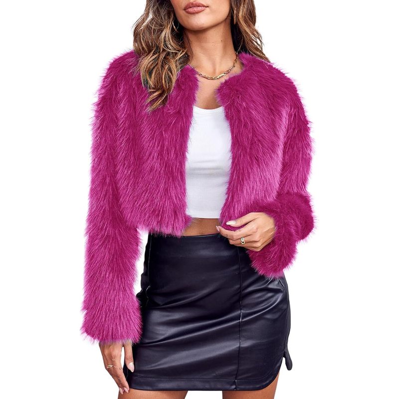Women's Fashion Cropped Faux Fur Jacket Long Sleeve