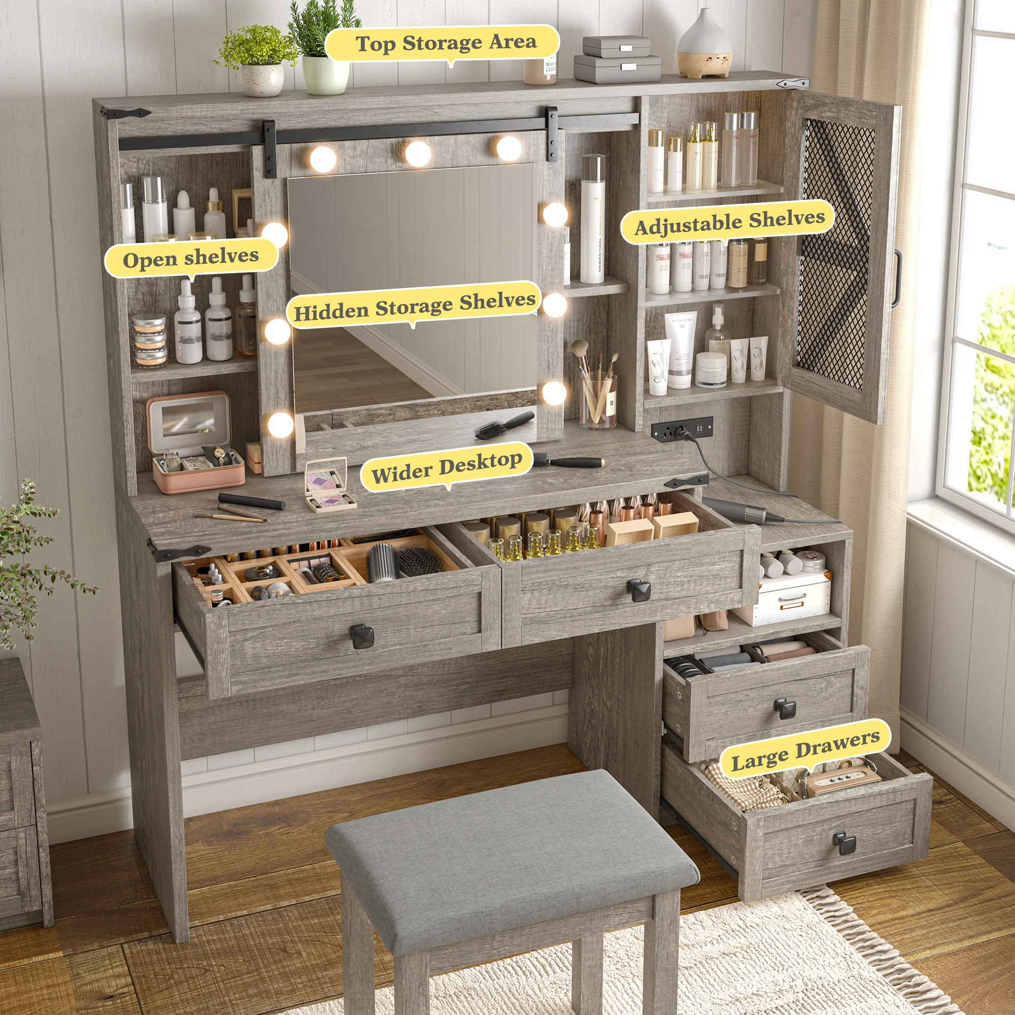 EnHomee Makeup Vanity Desk with Lighted Mirror Large Vanity with 4 Drawers Farmhouse Vanity Set with Mirror and Lights,White