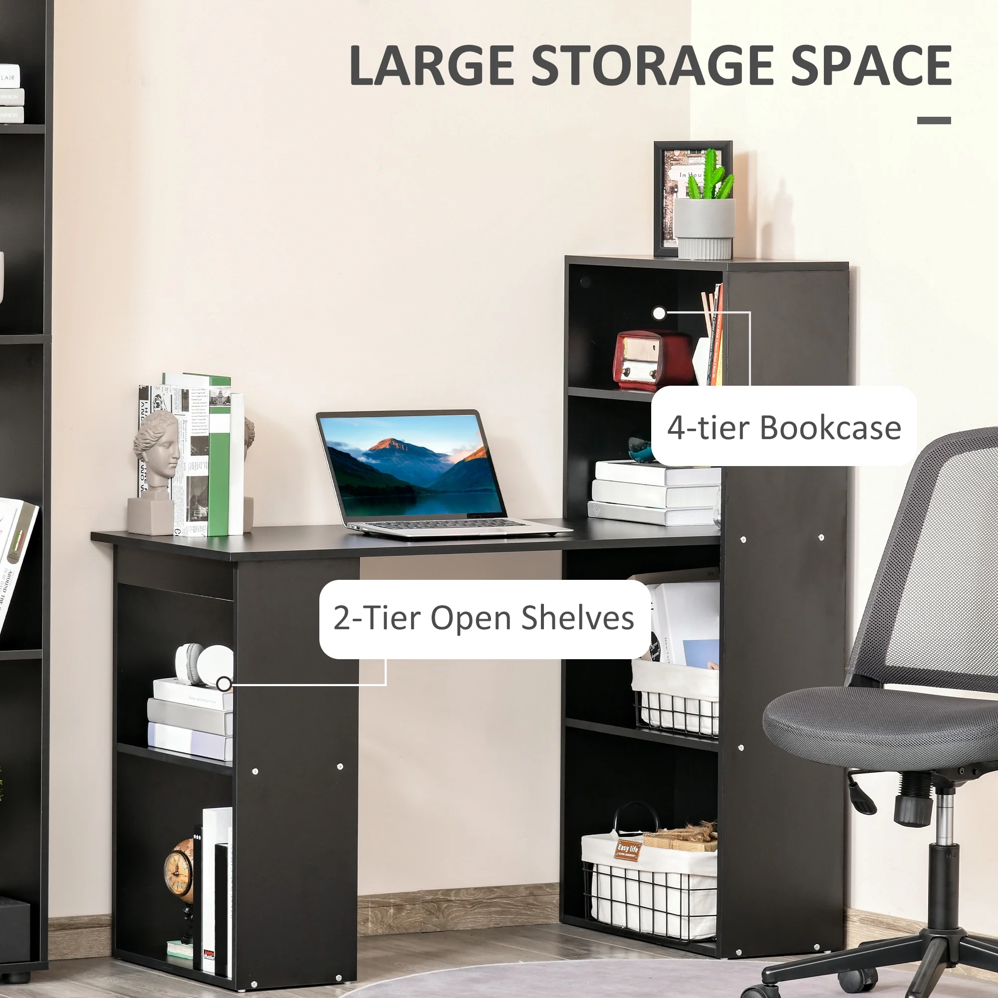 HOMCOM Modern Compact Computer Desk with 6-Tier Storage Shelves, Writing Table Workstation with Bookshelf for Home Office, Gray