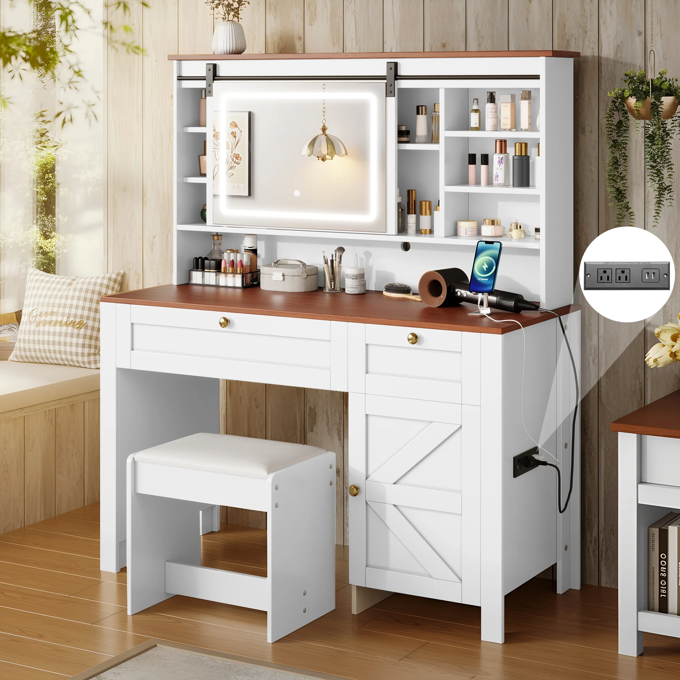 PAPROOS Vanity Set with Sliding Mirror and Lights, Large Farmhouse Makeup Desk with Charging Station, Dressing Table with 2 Drawers and Storage Cabinet, Upholstered Stool, White