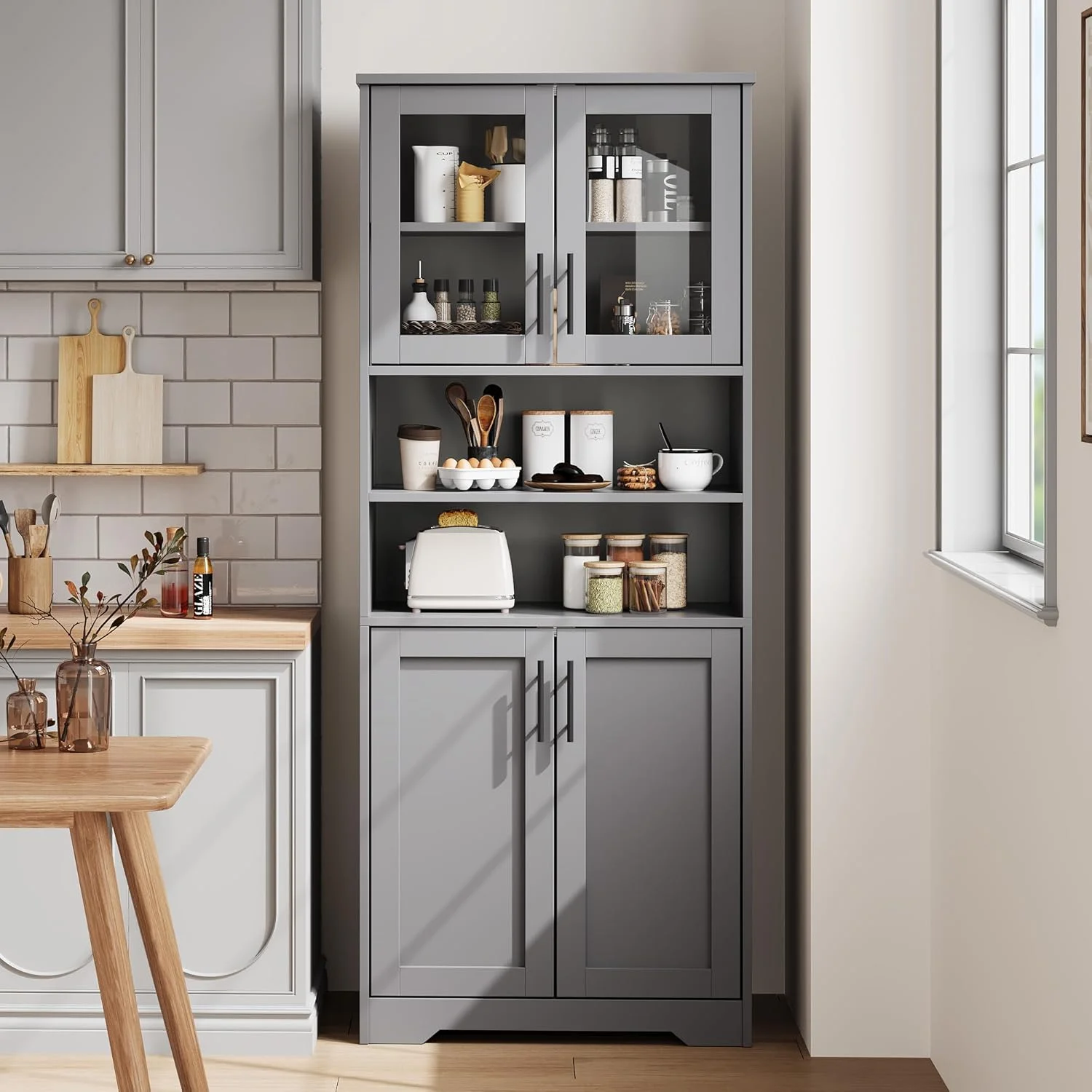 Studyset Tall Bathroom Cabinet, Freestanding Bathroom Storage Cabinet with Glass Doors and Adjustable Shelves, 67