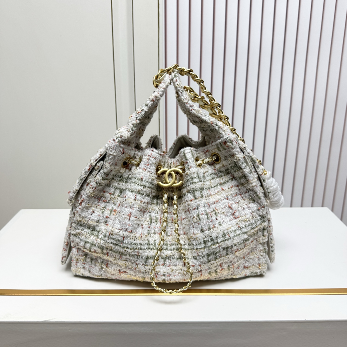 Vintage gold coin button drawstring bucket bag