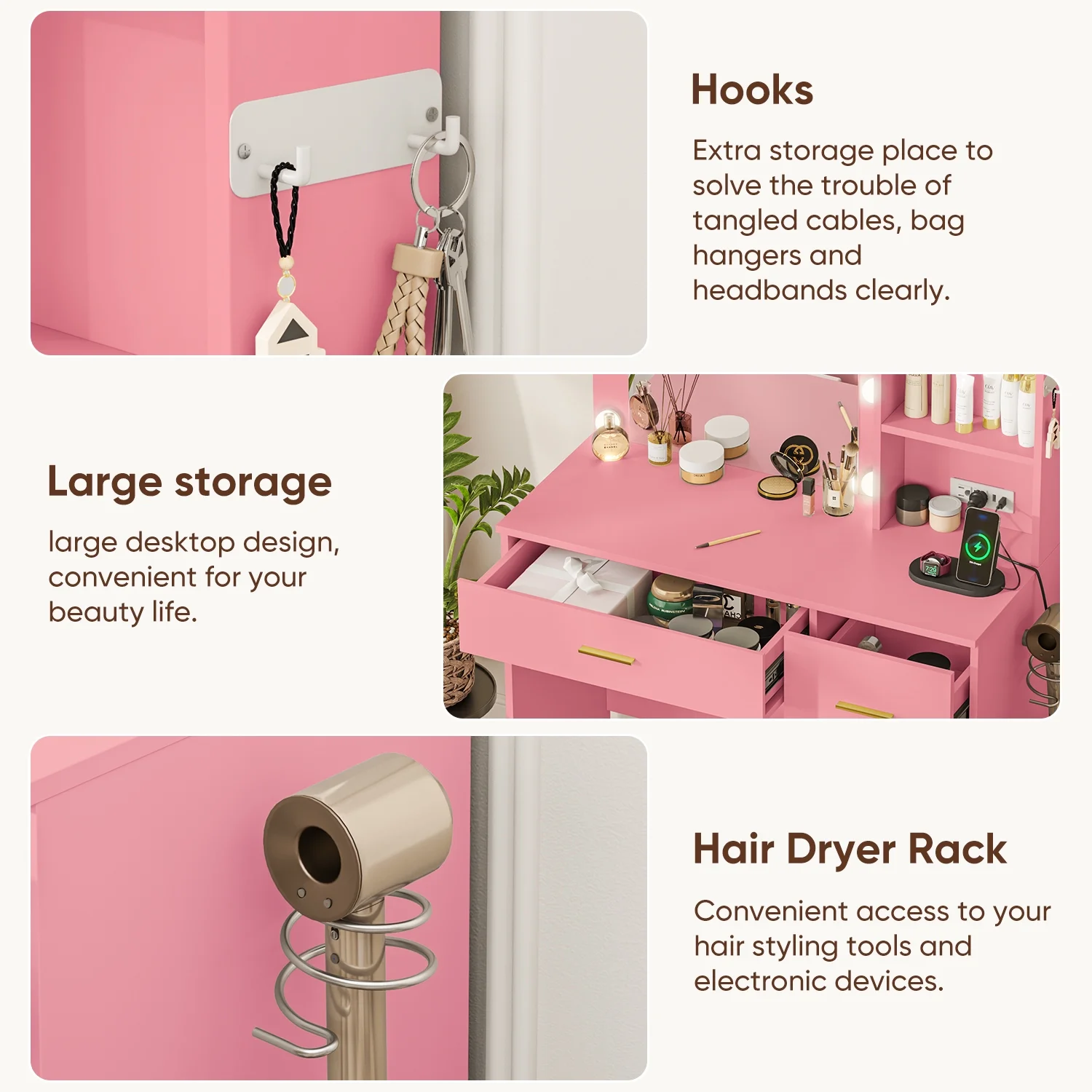 Cottinch Vanity Desk 3 Color Lighted Mirror,Makeup Dressing Table with 4 Drawers and Storage Shelves,2 Outlets,2 USB Ports,White