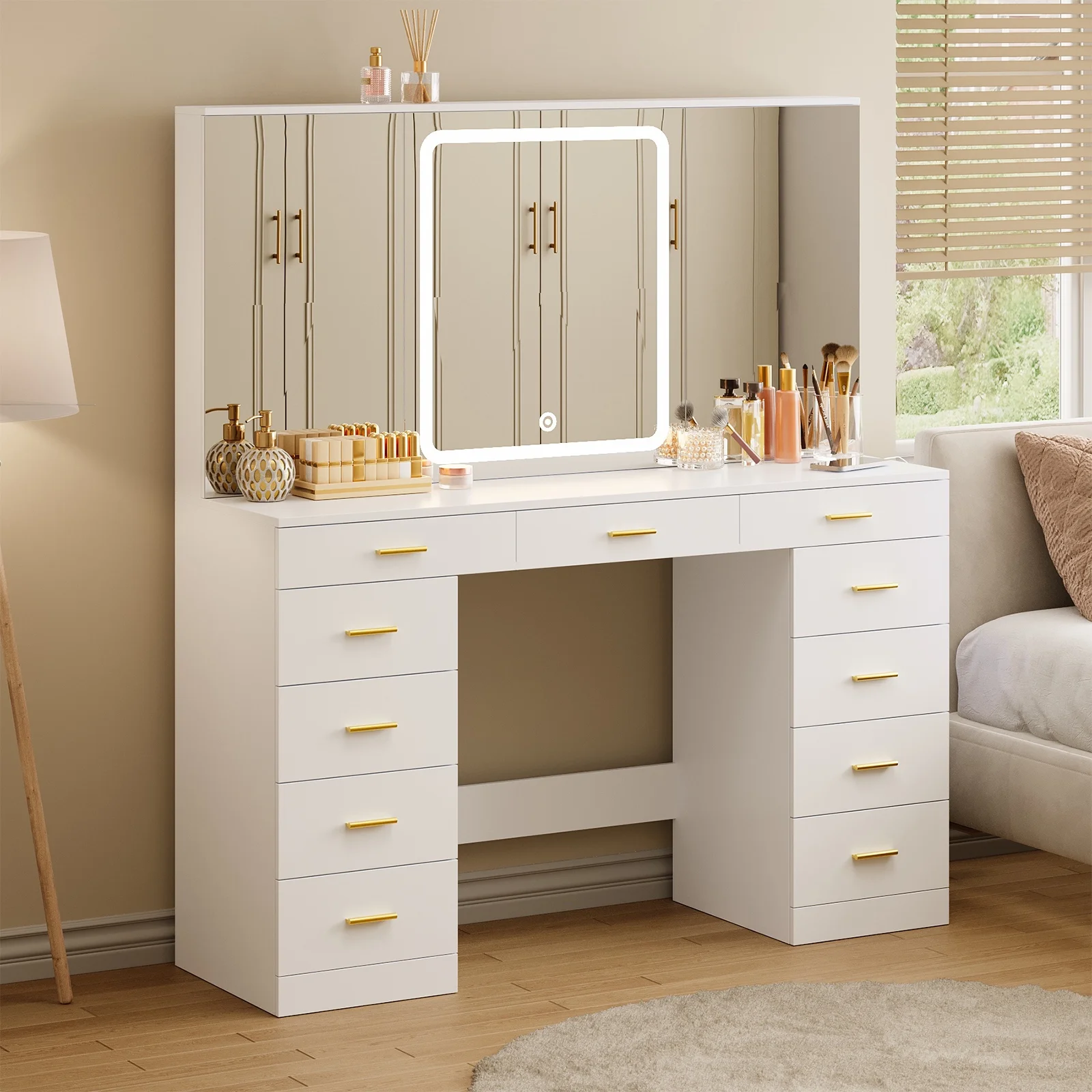 Tomnk woo White Makeup Vanity Desk with Large Mirror, Adjustable Lights, Storage Drawers & Power Outlets