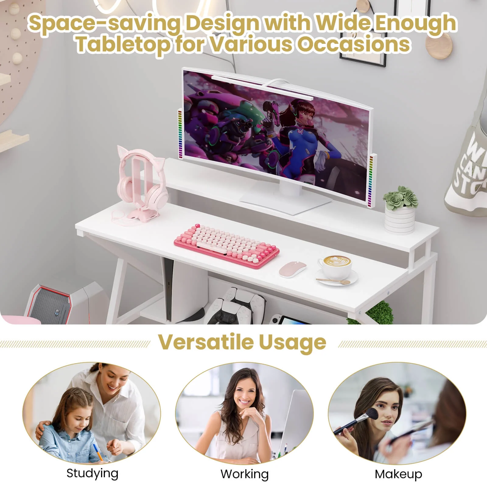 Costway Home Office Desk with Monitor Stand, Open Shelf & Metal Frame, Earphone Hook White