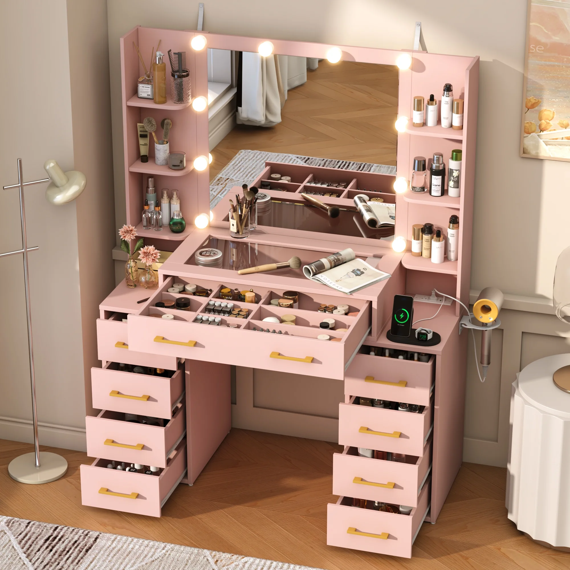 White Vanity Desk with Mirror & LED Lights, Glass Top Vanity Desk with Charging Station & Compartment Storage Drawers, 43