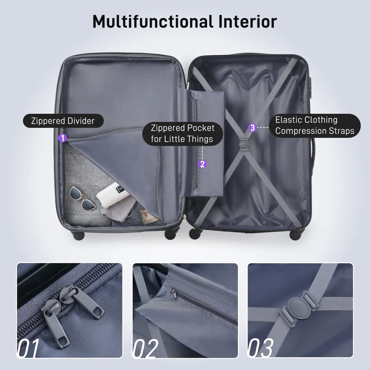 Luggage Sets 3 Piece, Hardside Expandable Ultra Durable PC Lightweight Carry On, Travel Suitcase Set with TSA Lock Spinner Wheels, Multicolor Purple