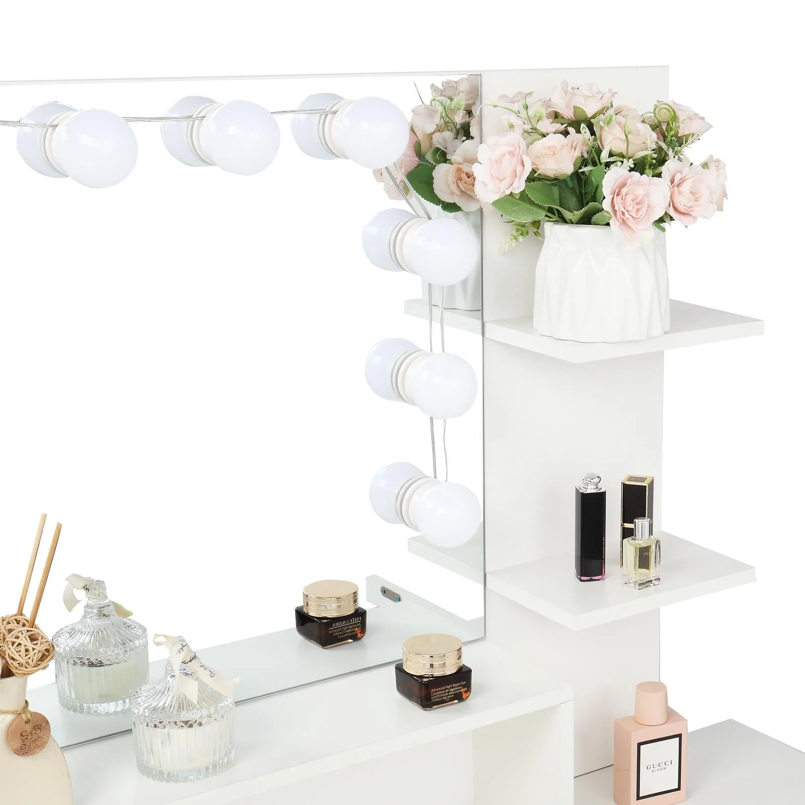 Ktaxon Vanity Set with 3 Color Lighted Mirror, Makeup Table with 3 Storage Shelves & Drawers, Dressing Table Makeup Desk with Stool,White