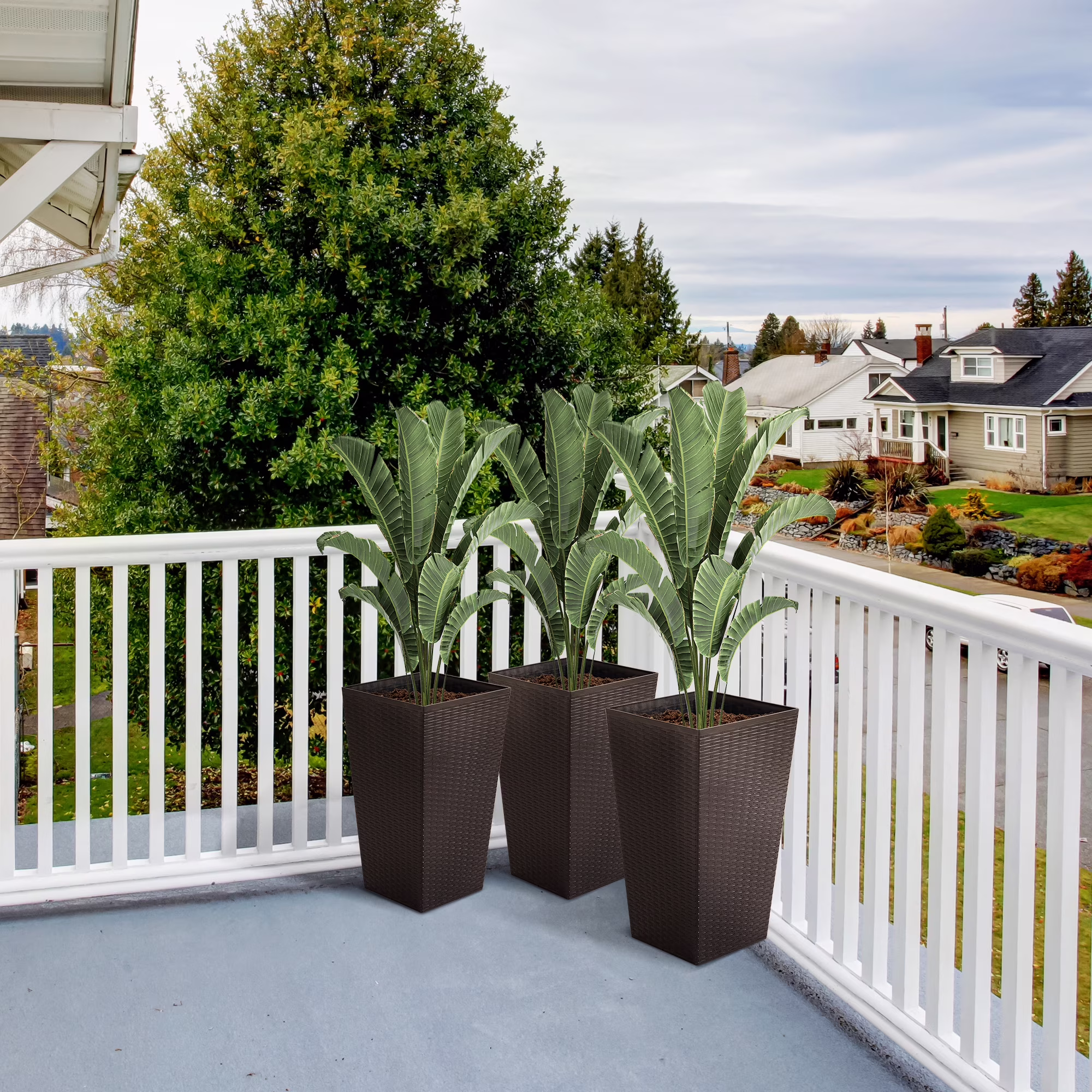 Outsunny Set of 3 Tall Planters with Drainage Hole, Outdoor Flower Plant Pots, Indoor Planters for Porch, Front Door, Entryway, Patio and Deck, Black