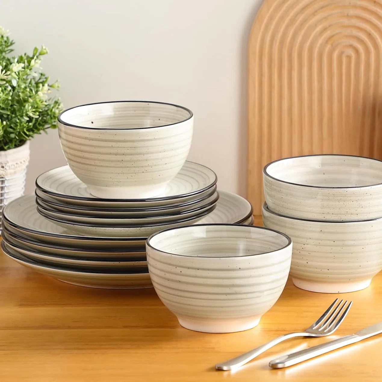 Dinnerware Sets 12 Pieces Bonbon Beige Dinner Set, Plates and Bowls Sets with Dinner Plates Bowls Handpainted Spirals Pattern Dish Sets, Service for 4