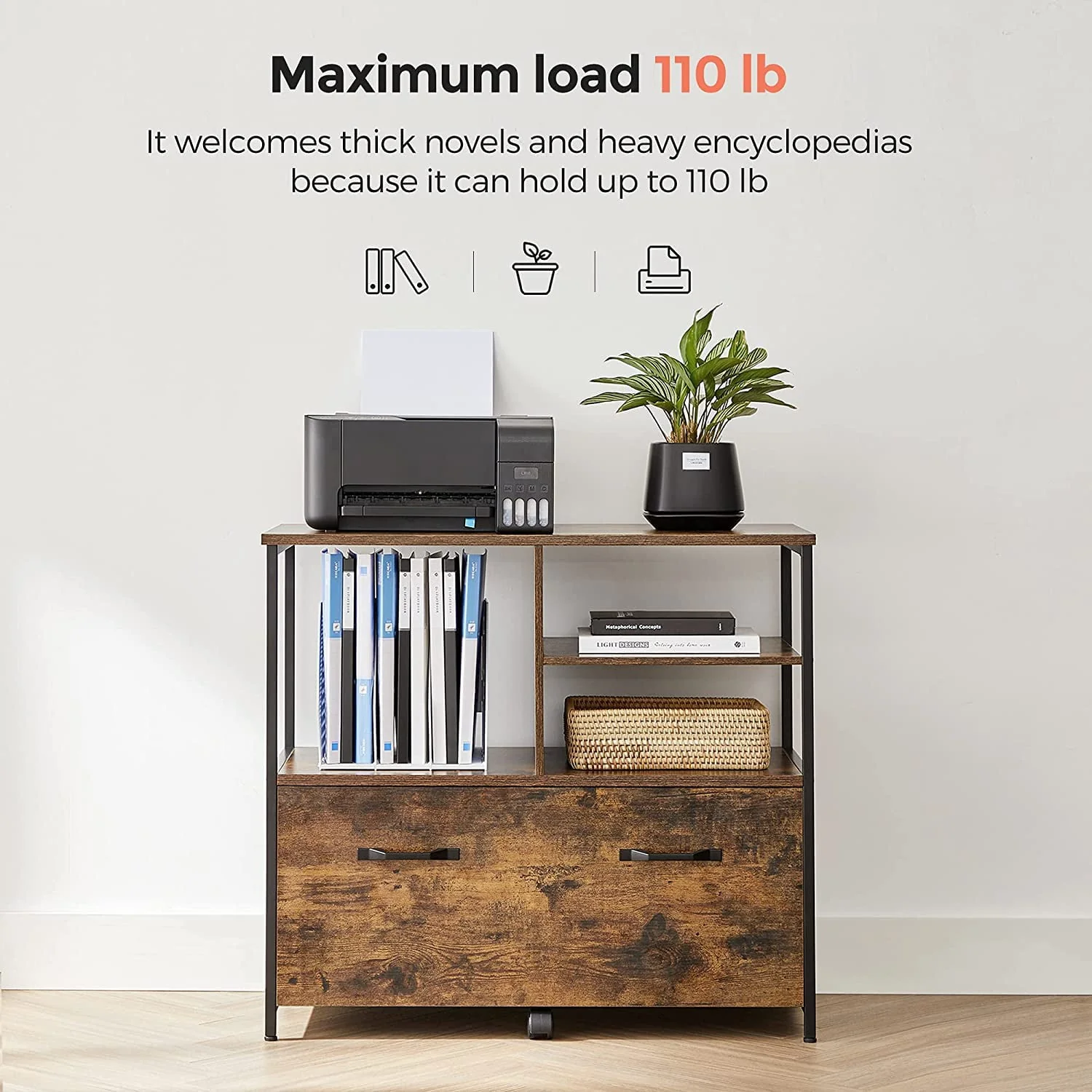 VASAGLE Lateral File Cabinet for Home Office, Filing Cabinet with Open Shelves and Drawer, Rustic Brown and Black