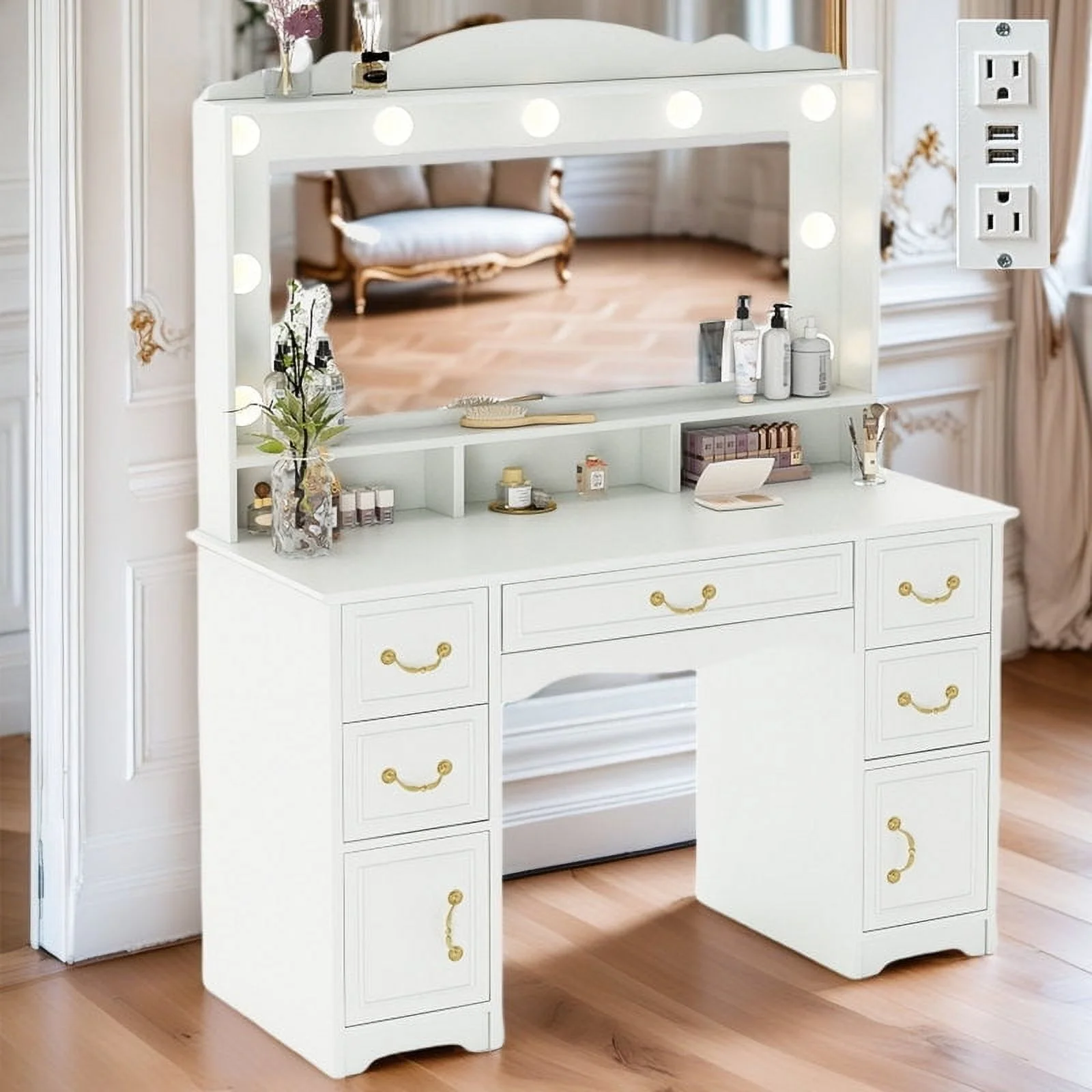 Vanity Desk with Mirror and Light 1 Piece Bohemian White Vanity Table,French Country Style
