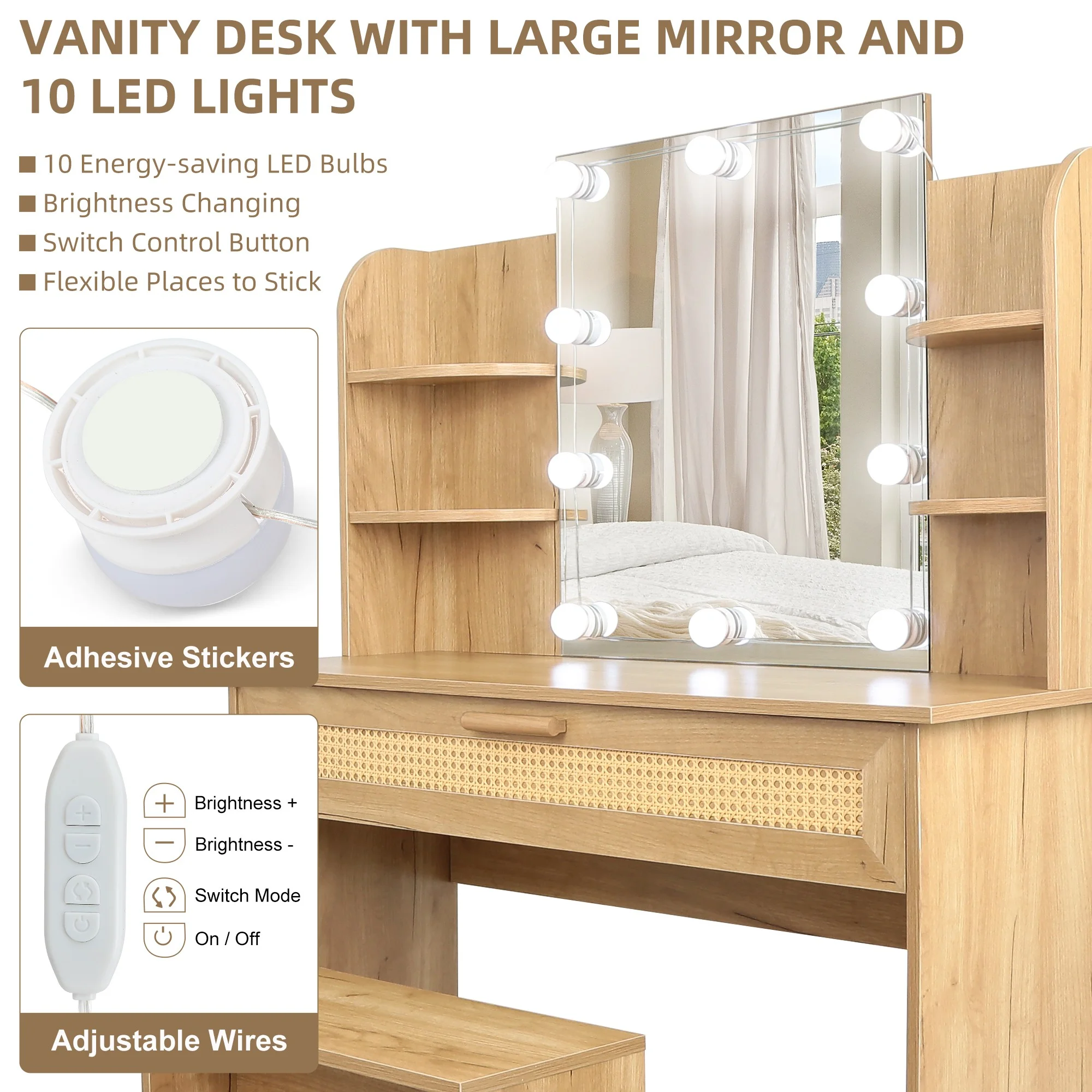Resenkos Vanity Desk Set with Mirror and Lights for Makeup, 5 Drawers Storage Dresser for Bedroom, White