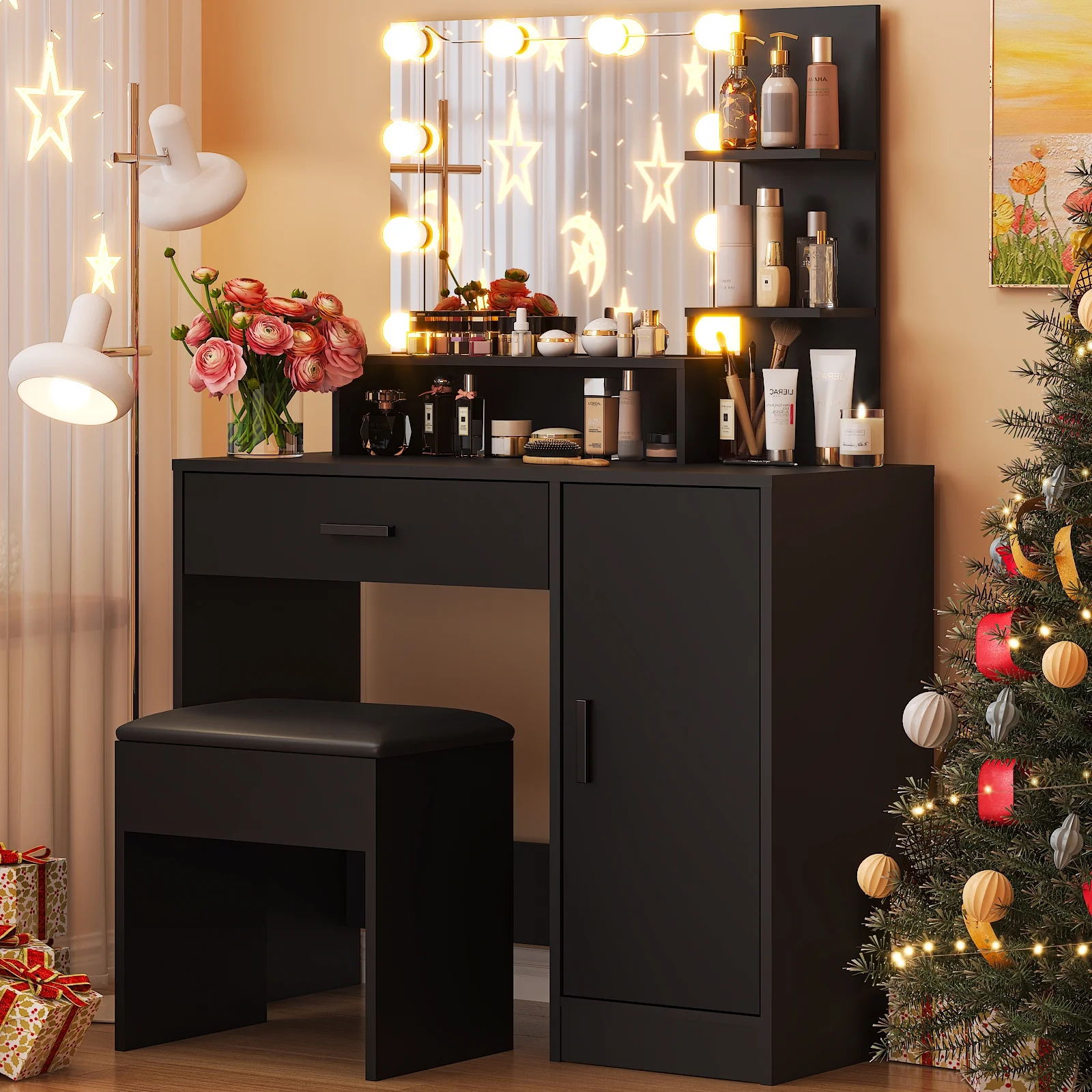 Ktaxon Vanity Set with 3 Color Lighted Mirror, Makeup Table with 3 Storage Shelves & Drawers, Dressing Table Makeup Desk with Stool,White