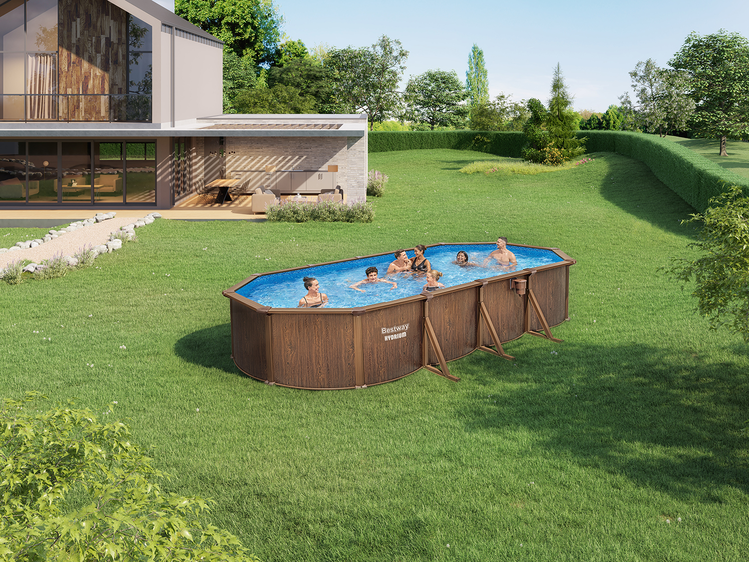 Hydrium™ steel wall pool Complete set with sand filter 730 x 360 x 130 cm, wood printing (rosewood), oval