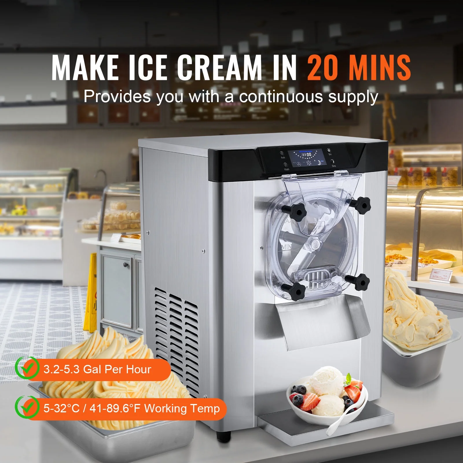 KFFKFF Commercial Hard Serve Ice Cream Machine Maker with a Yield of 12 Liters per Hour for Single Flavor