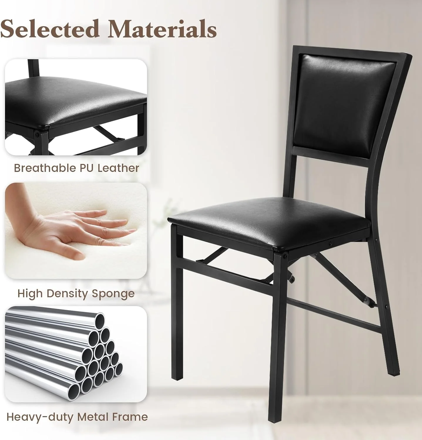 Giantex Folding Chairs Set of 2, Dining Chairs with Padded Seats, Sturdy Metal Frame, Floor Protectors, Space Saving Design, Foldable Dining Desk Chairs for Small Apartment, Extra Guests, Black