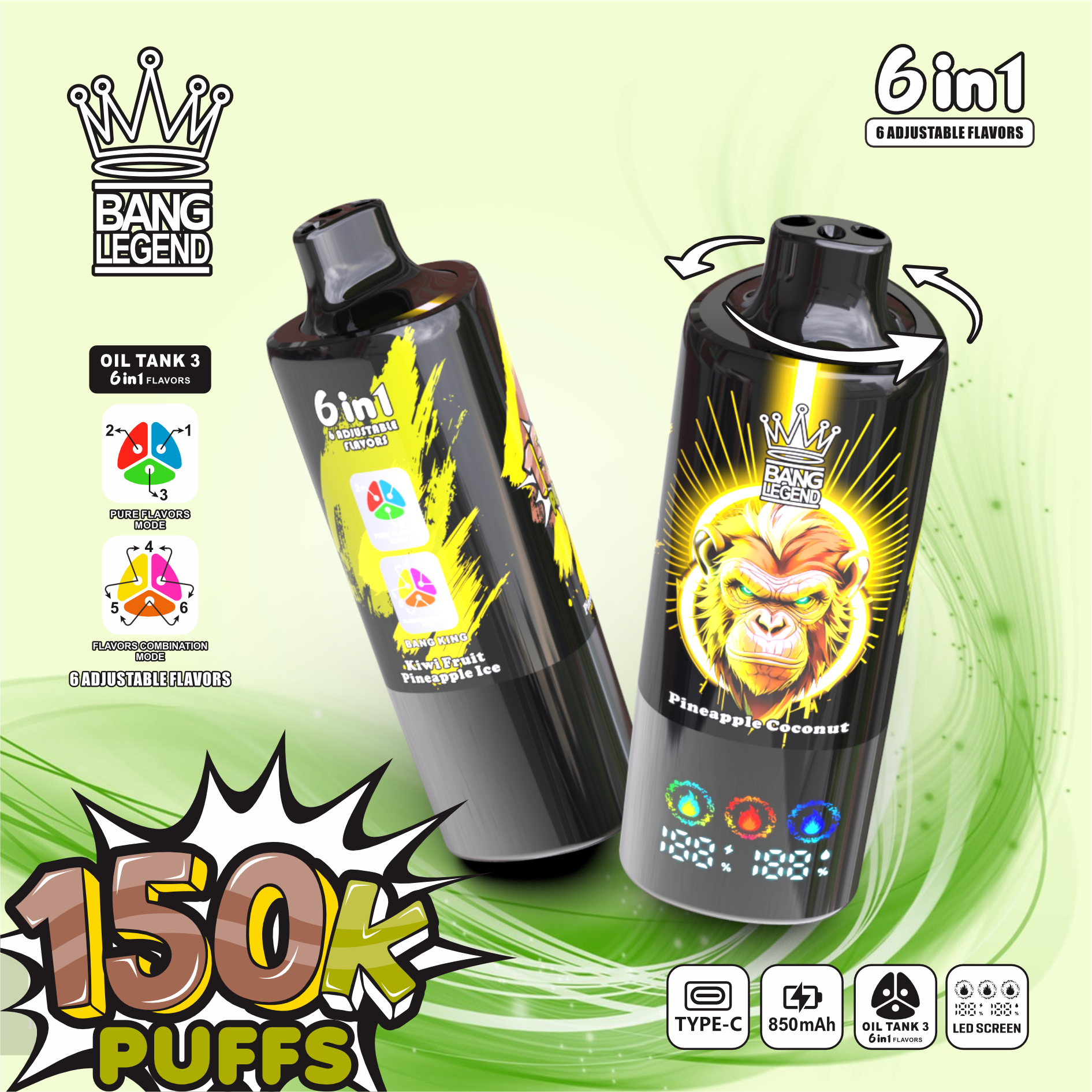 BANG Legend 150 000 potiahnutí (6v1) | Jednorazová e-cigareta s LCD displejom