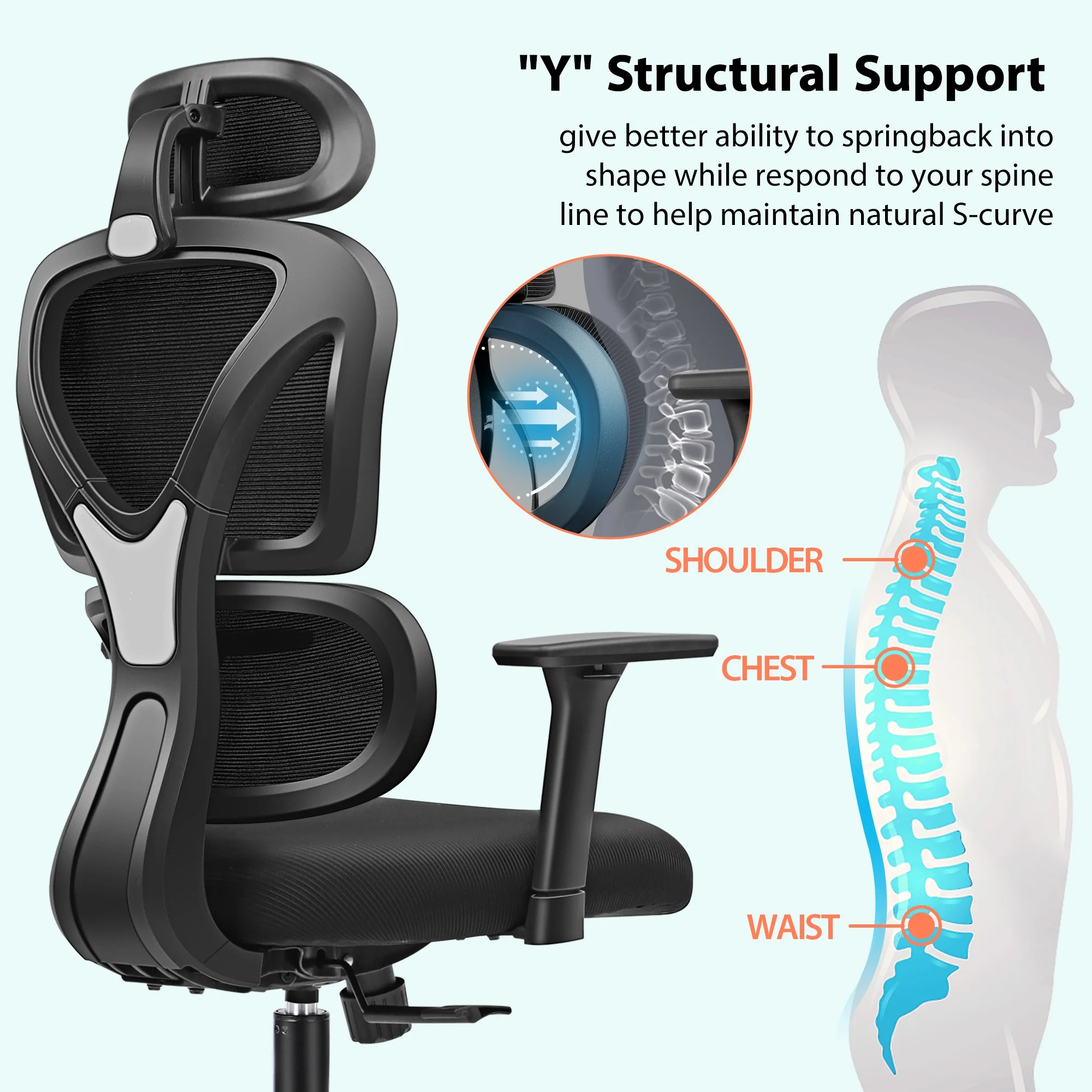 COOLHUT Ergonomic Office Chair, High Back Adjustable Computer Desk Chair with Lumbar Support, 500lb, Black