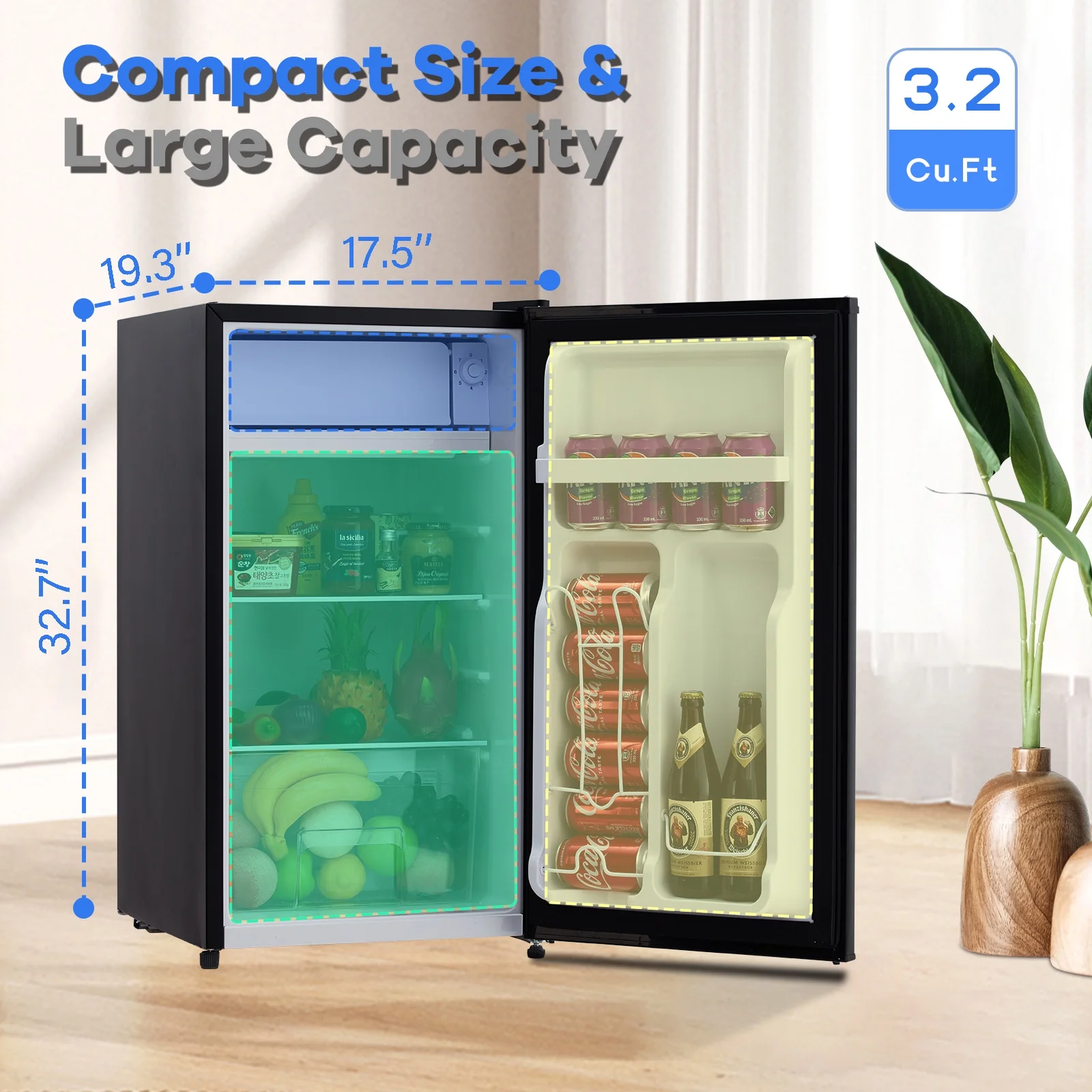 EastVita 3.2 Cu.Ft Mini Fridge with Freezer, Compact Refrigerator with 7 Level Adjustable Thermostat, Crisper Drawer & Glass Shelves, Small Fridge for Home