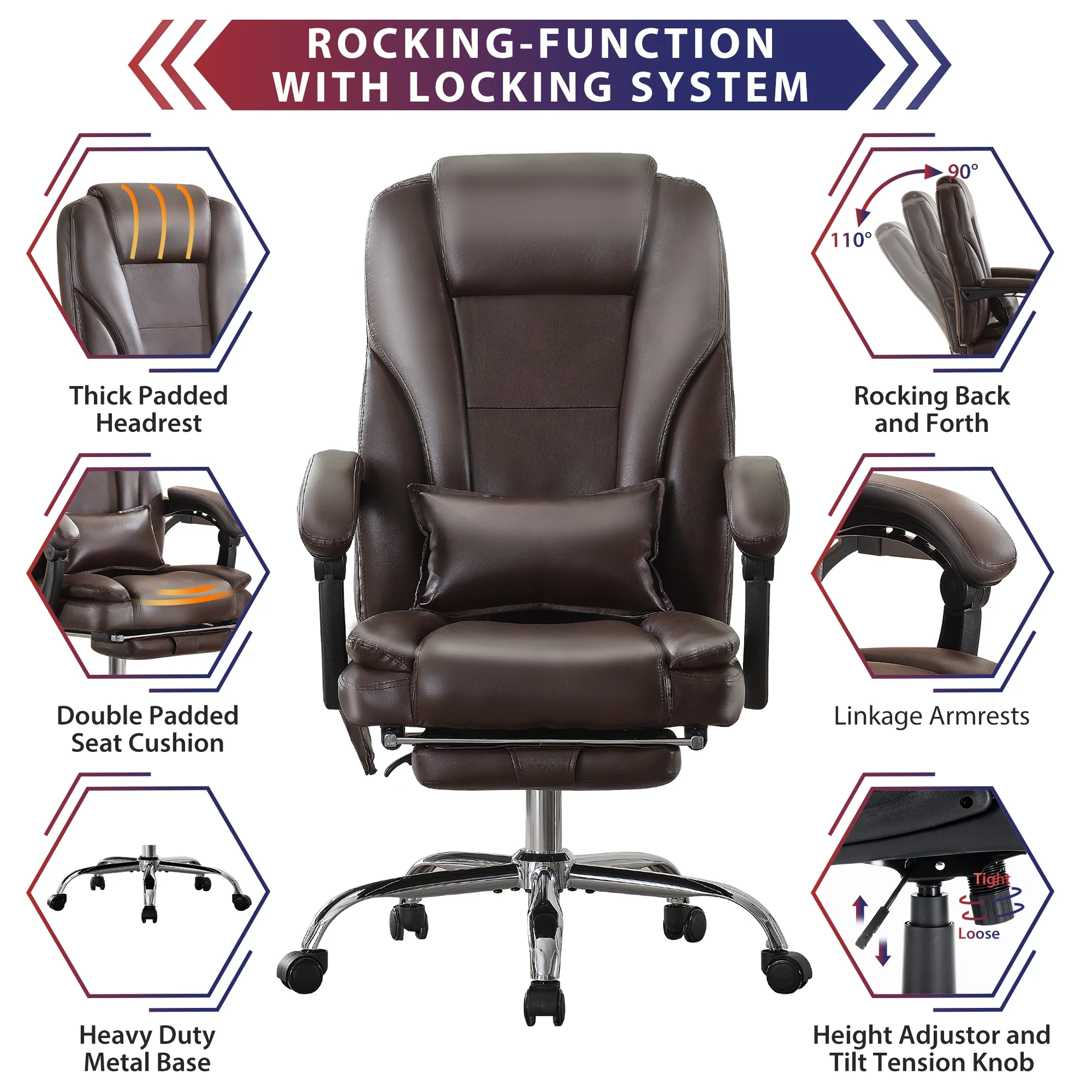JONPONY Big and Tall Office Chair 500LBS Executive Office Chair Massage and Footrest Ergonomic Computer Desk Chair Reclining High Back Leather Office Chair Lumbar Back Support Swivel Rolling,Black