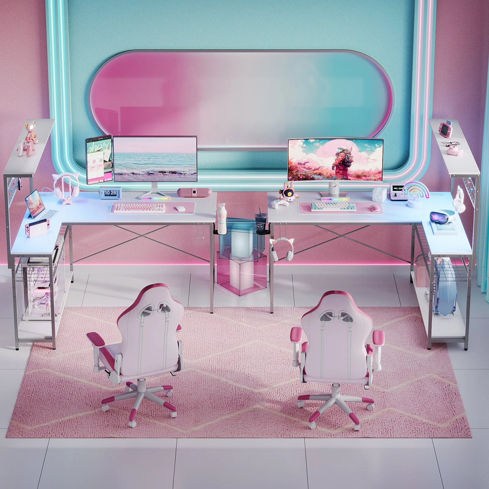 Bestier 51 L Shaped Gaming Desk with Power Outlets & LED Light, Computer Desk with 4 Tiers Shelves for Home Office, Reversible Gamer Table with Hooks and Cup Holder, Carbon Fiber
