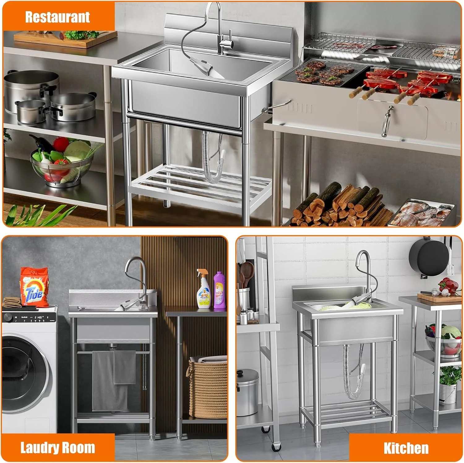 M optimized Stainless Steel Utility Sink, Free Standing Single Bowl Laundry Sink with Cold and Hot Water Pipes&Pull-Down Faucet for Restaurant Indoor&Outdoor