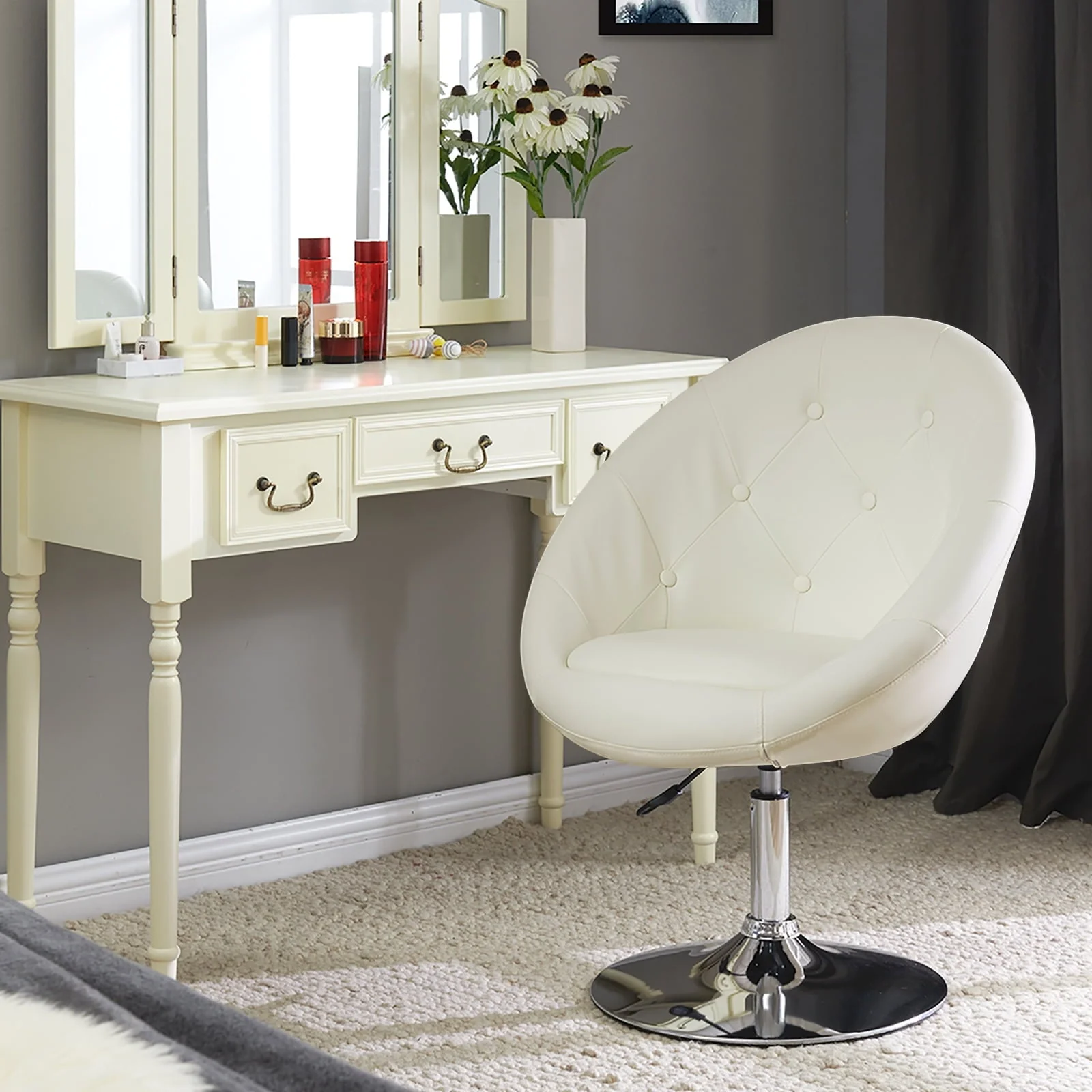 Duhome Modern Vanity Make-up Accent Chair PU Leather Desk Chair Round Swivel Tufted Adjustable Lounge Chair for Bedroom White