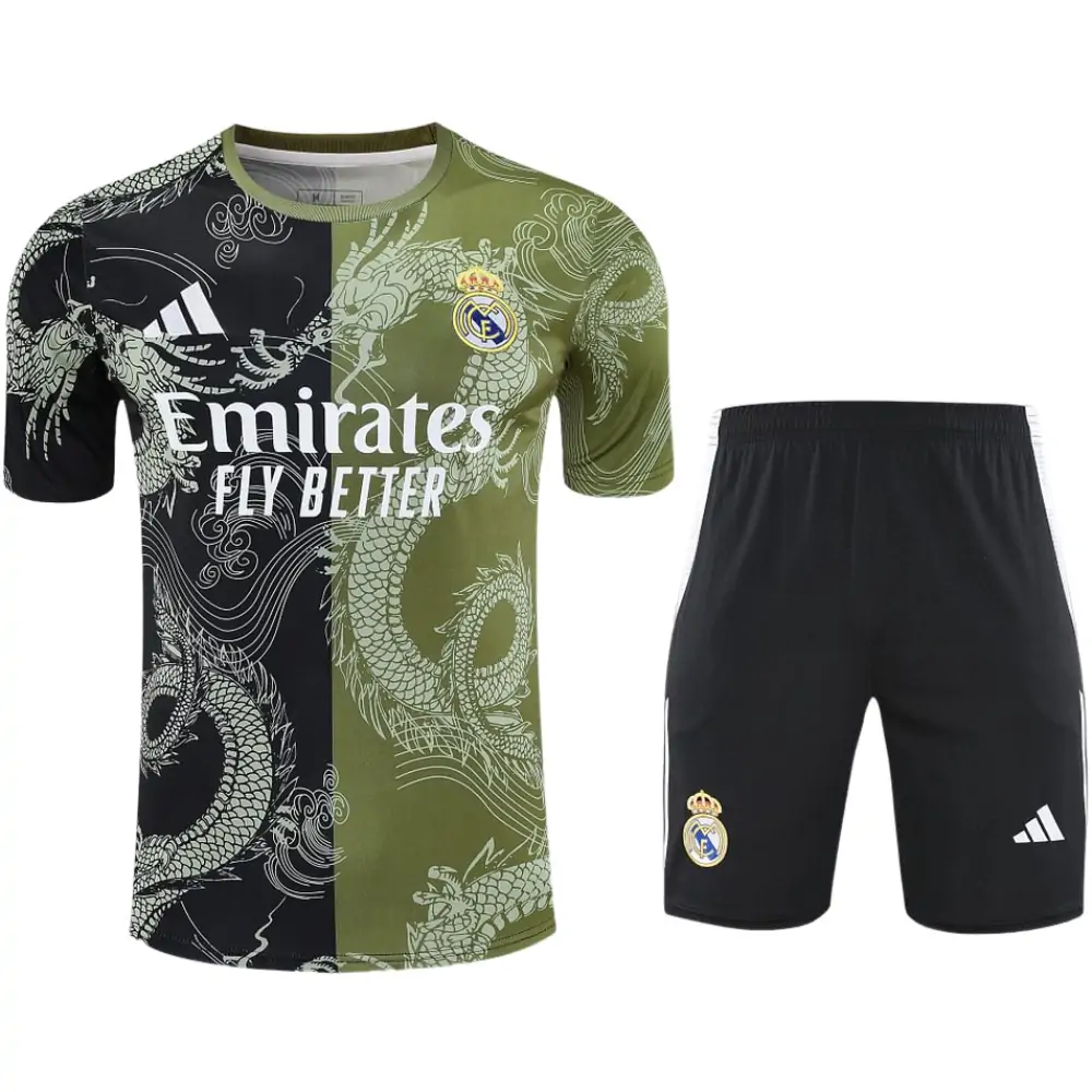 2025-26 Real Madrid short-sleeved training suit black green Jersey - Adult Set