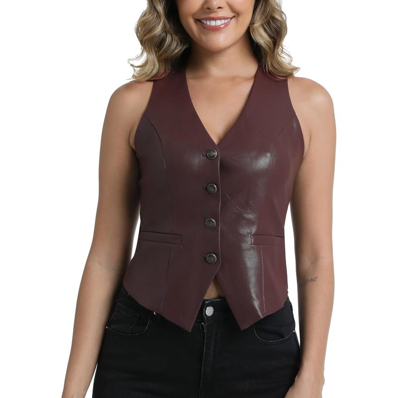 Women's PU Leather Vest V Neck Sleeveless Faux Leather Tops