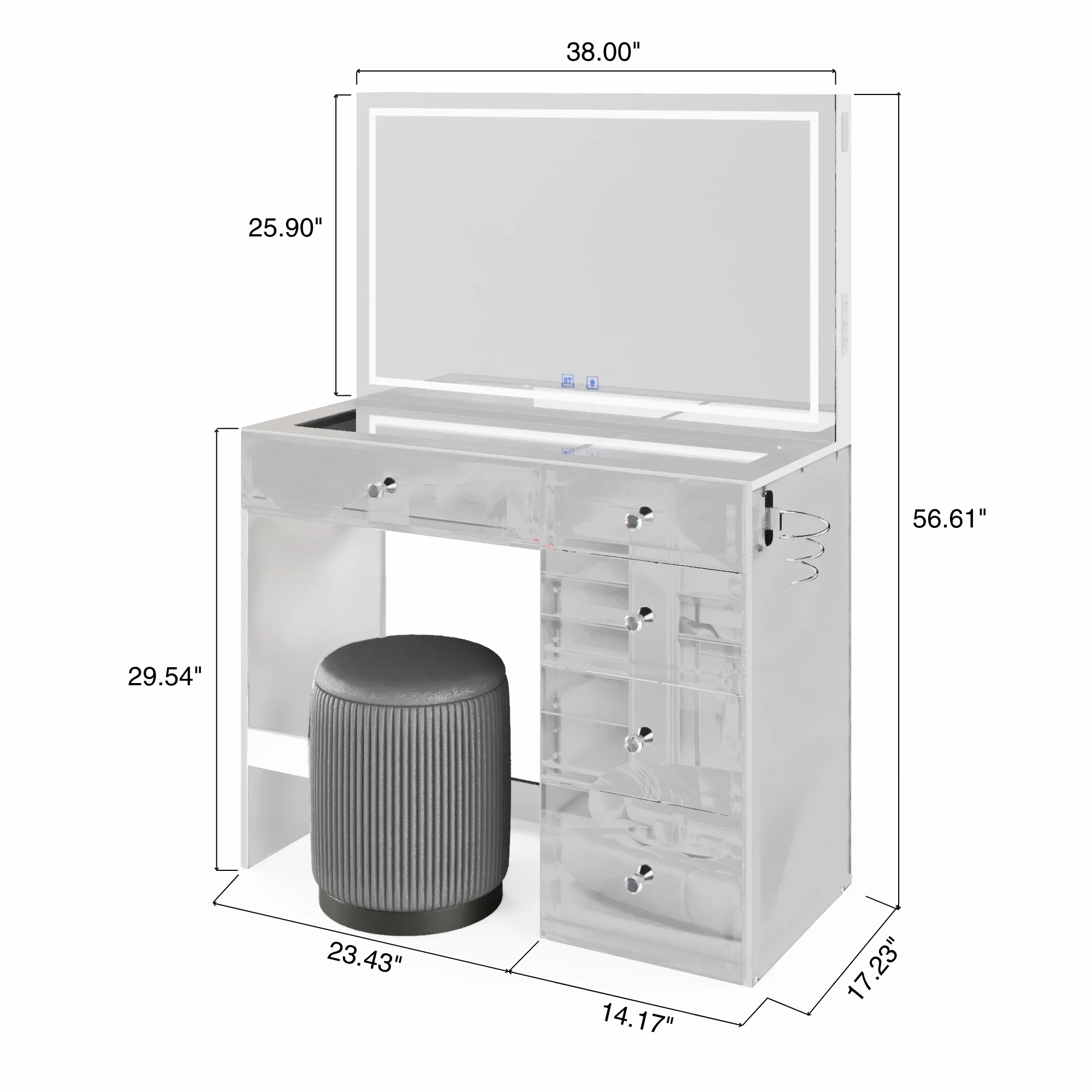 Boahaus Alana White Vanity Desk with LED Lighted Mirror, 5 Drawers, Jewelry Divider, Bluetooth Speakers, and Charging Station