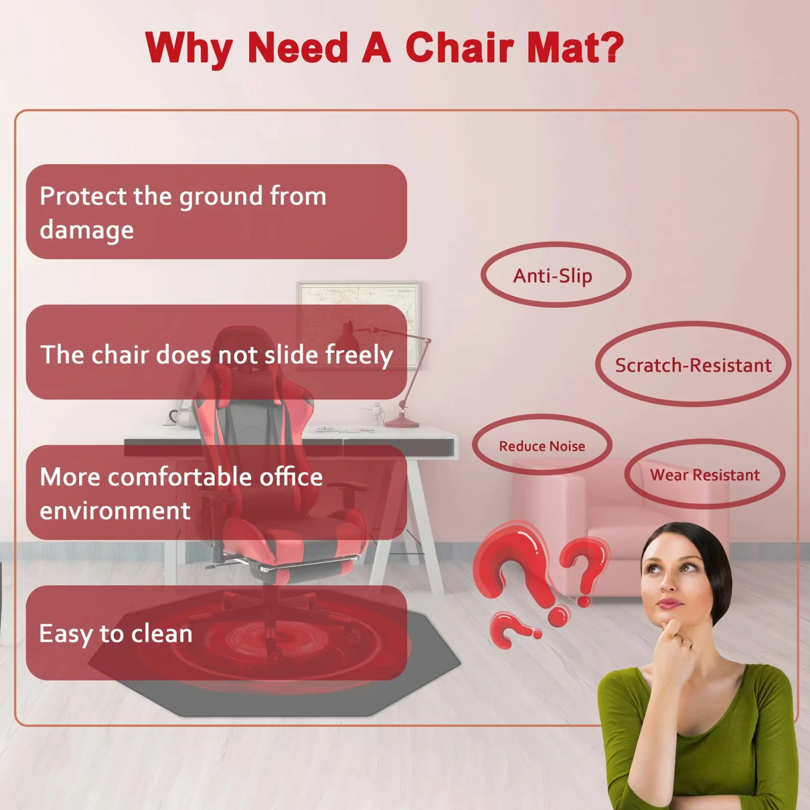 Premium Office Chair Mat for Carpeted Floor, 45x45, Heavy Duty, Easy Glide Gaming Chair Mats for Chairs, Good for Desks and Home, Protects Floors, High Impact Strength
