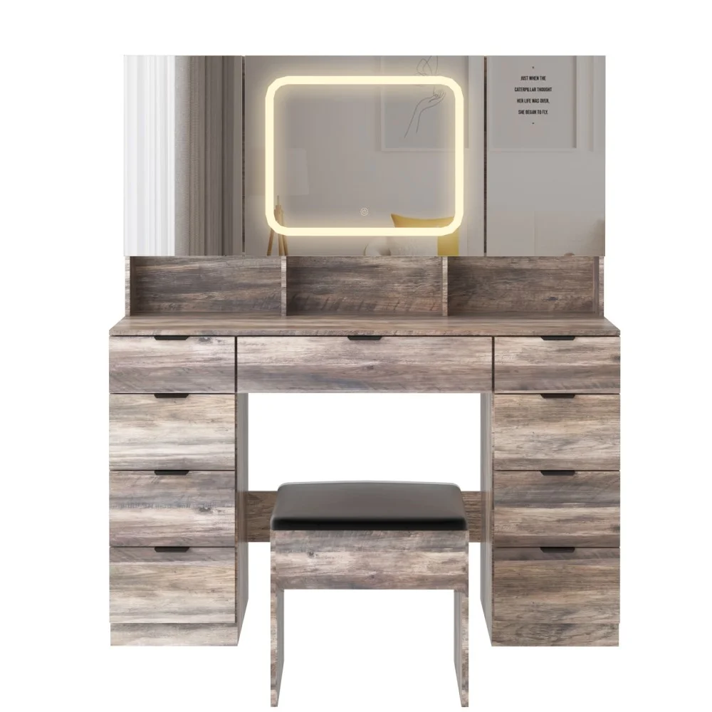 IVV Vanity Desk Set with Large LED Lighted Mirror & Power Outlet, Makeup Dressing Table with 9 Drawers and 3 Cabinets in Mirrored Doors, 47
