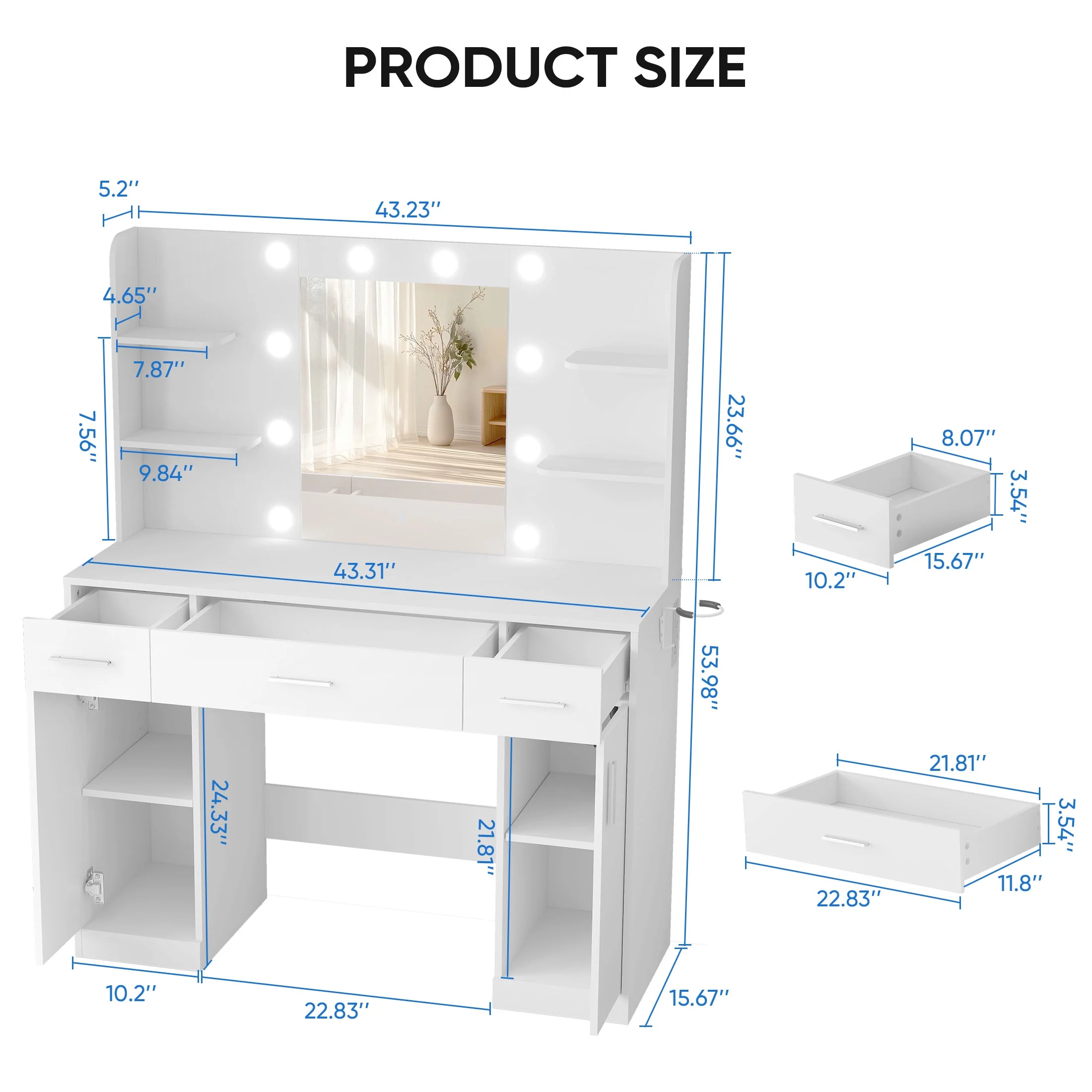 edx Vanity Desk with Mirror, Makeup Vanity Table with 3 Color Light Options Adjustable Brightness for Bedroom Dressing Room, White