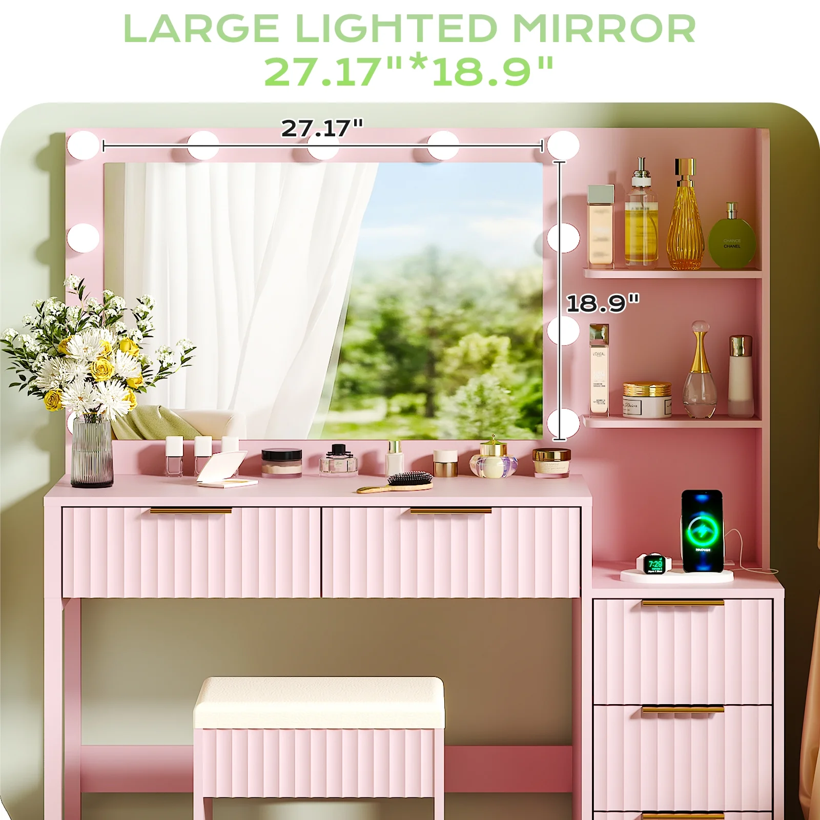 Ktaxon Flutted Makeup Vanity Table Set with 5 Drawer, Dressing Table w/Charging Station, Vanity Desk for Femal Gift, White