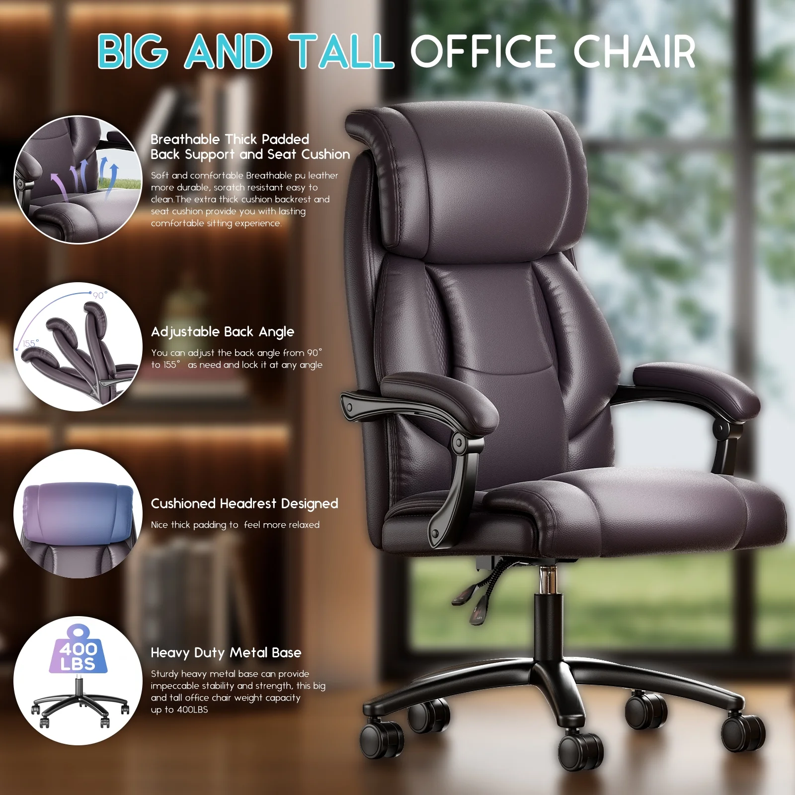 Solfway Big and Tall Office Chair 400LBS, High Back Black Leather Executive Office Chair, Computer Desk Chair with Adjustable Flip-up Arms, Wheels and Lumbar Support
