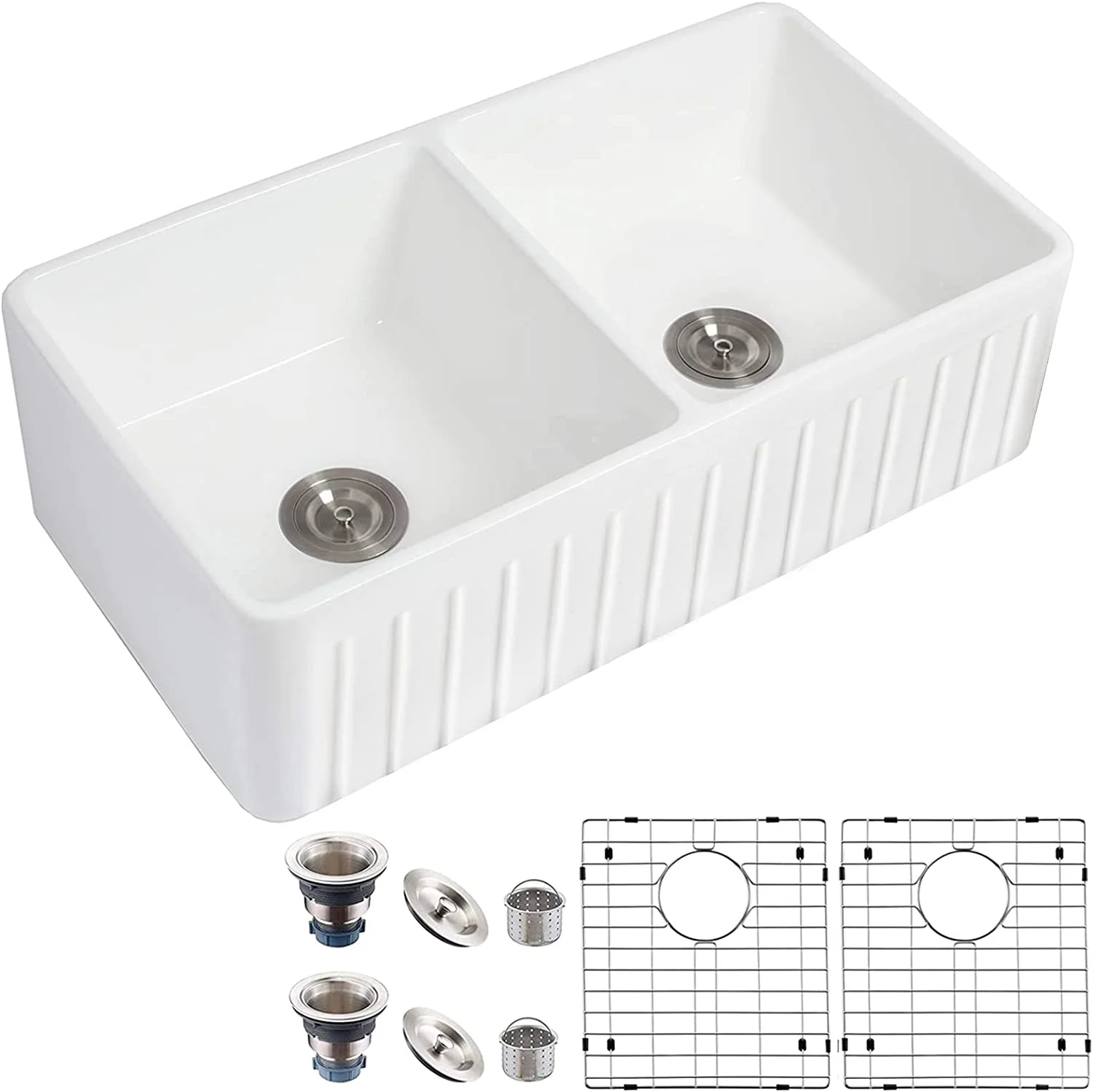 HOROW 33x18 inch Fireclay Kitchen Sink Undermount Double Bowl Apron-front Ceramic with Bottom Grid and Strainer