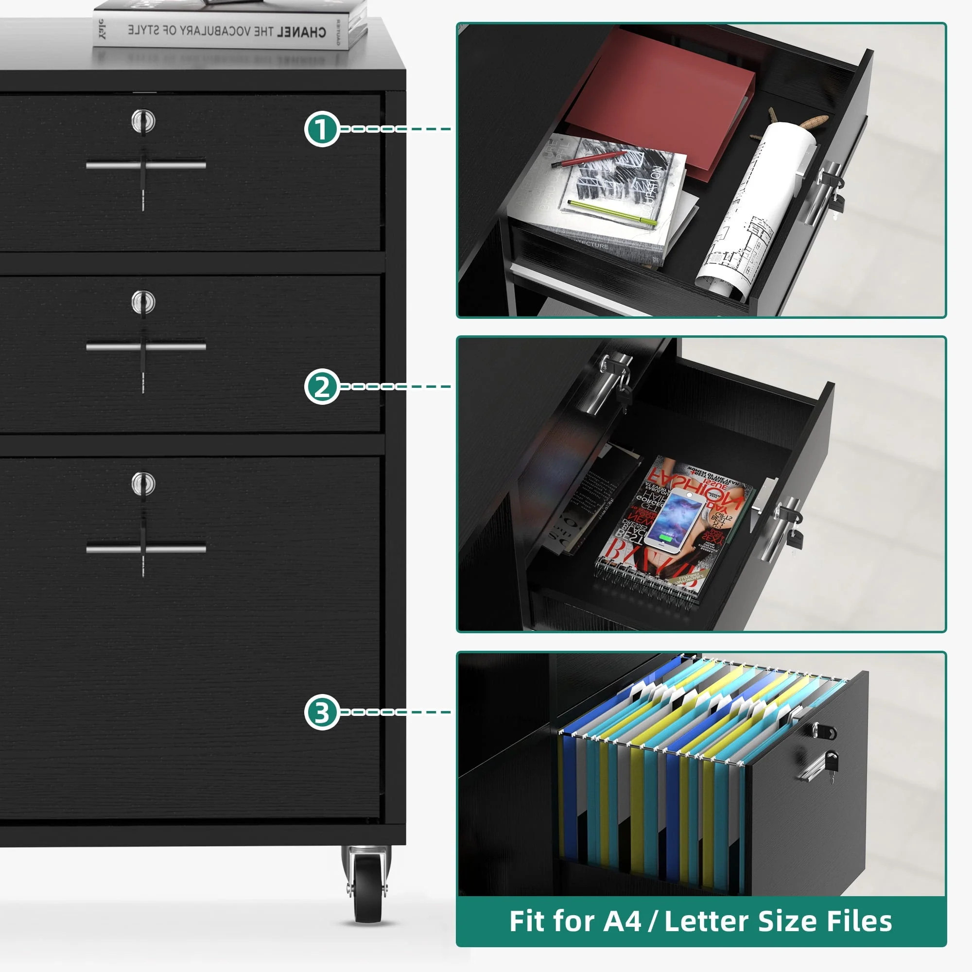DEXTRUS 3 Drawer Lateral File Cabinet, Printer Stand with Drawers, File Cabinet Fits A4 Letter Legal Size Folders, Black