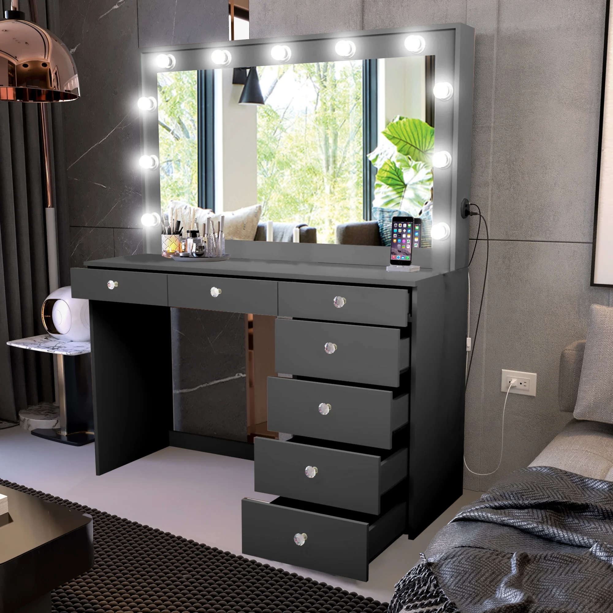 Ember Interiors Peggy Vanity Desk with Lighted Mirror and USB Ports
