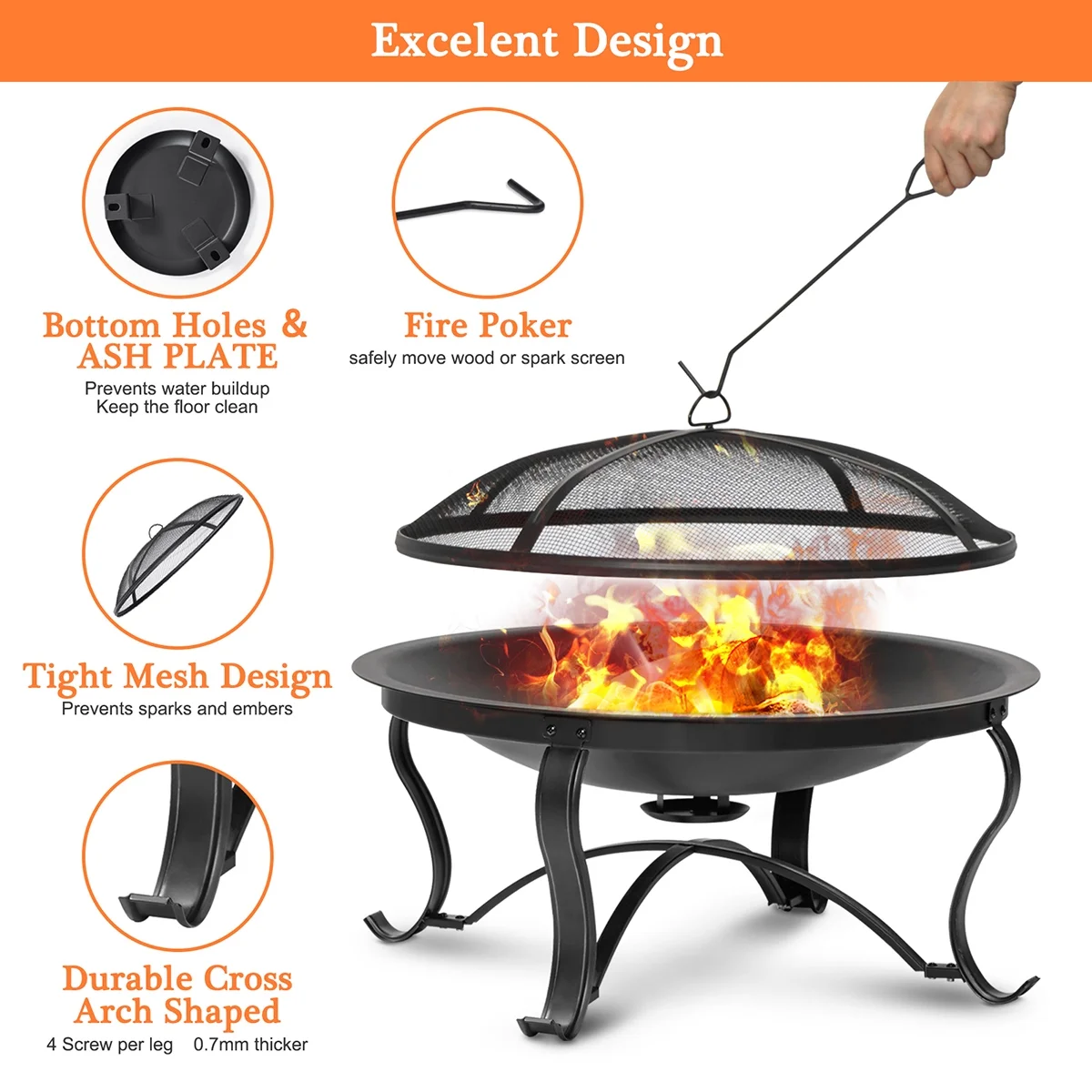 SinglyFire 30 inch Fire Pits for Outside Firepit Outdoor Wood Burning Bonfire Pit Steel Firepit Bowl for Patio Backyard Camping, with Ash Plate, Spark Screen, Log Grate, Poker