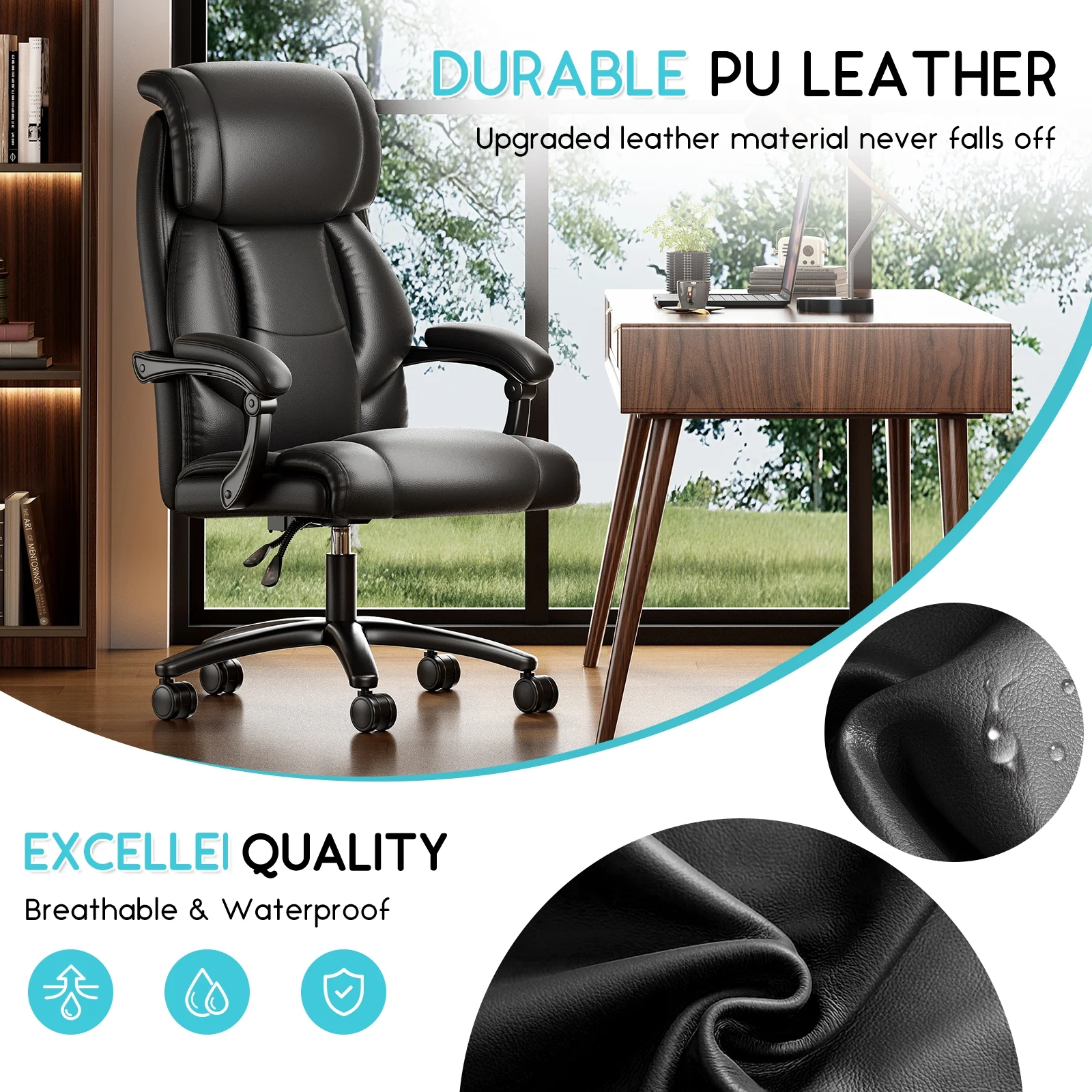 Solfway Big and Tall Office Chair 400LBS, High Back Black Leather Executive Office Chair, Computer Desk Chair with Adjustable Flip-up Arms, Wheels and Lumbar Support