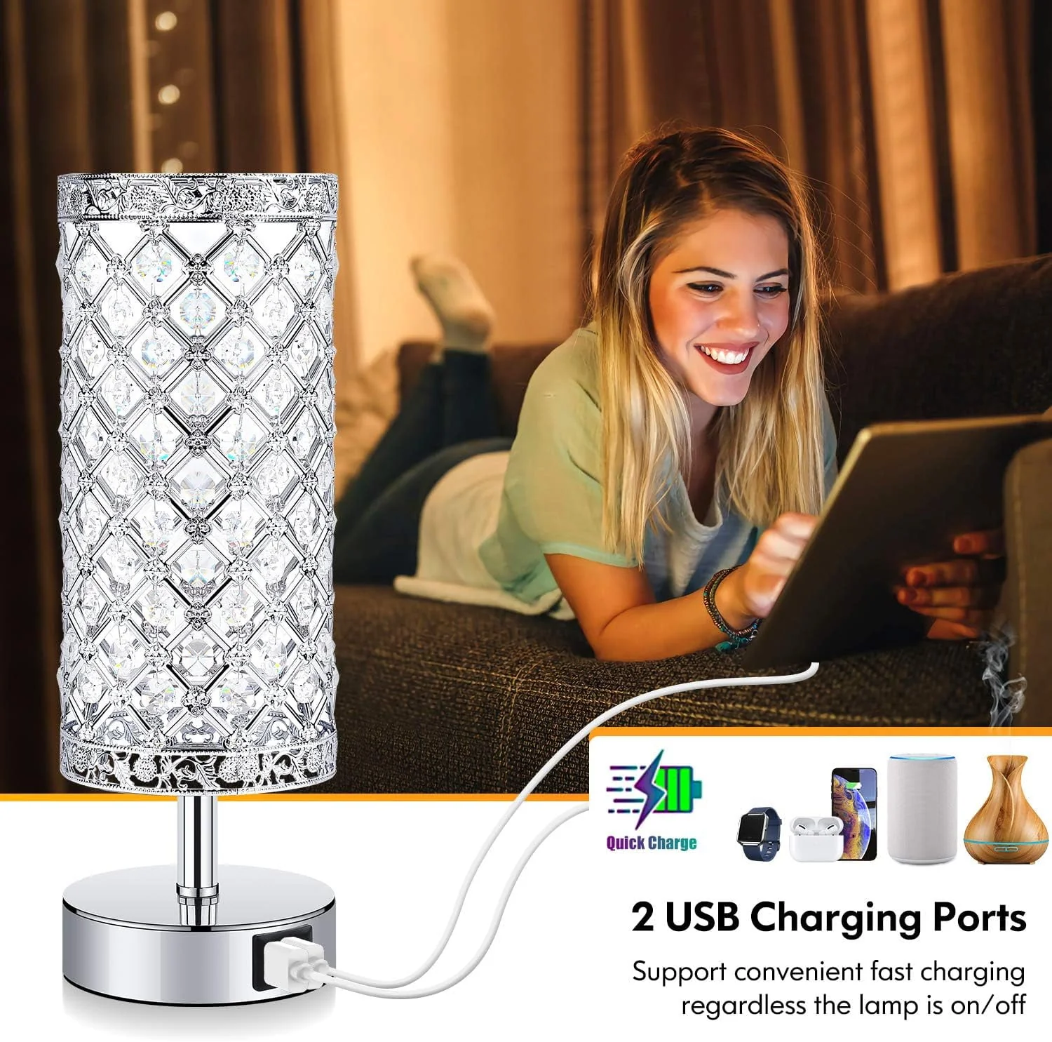 Crystal Table Lamp Set of 2, Bedside Nightstand Lamps with 2 USB Charging Ports, Silver Crystal Desk Lamp for Bedroom Living Room