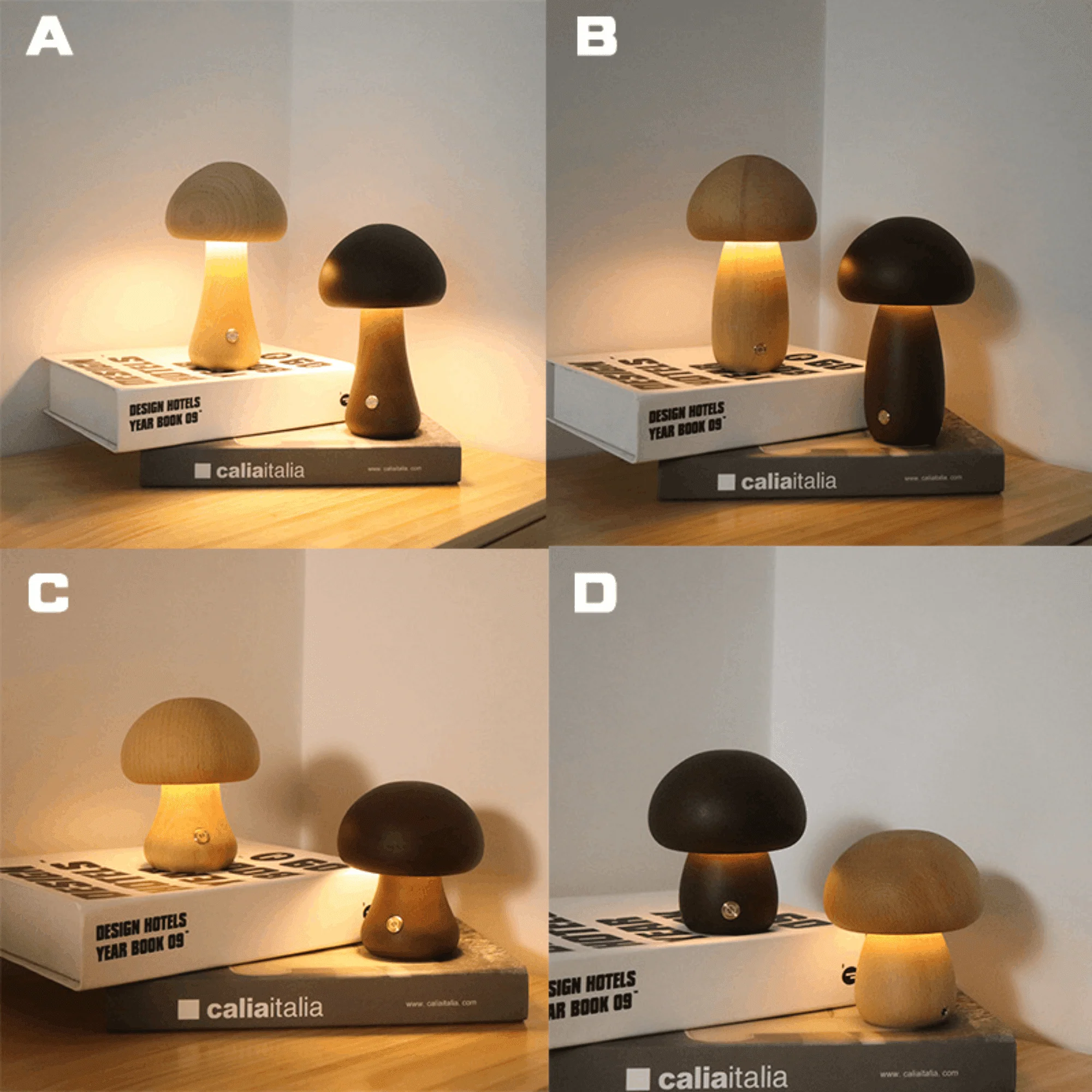 Mushroom Table Lamp, Dimmable LED Creative Wood Desk Lamp with USB Charging for Home Decor