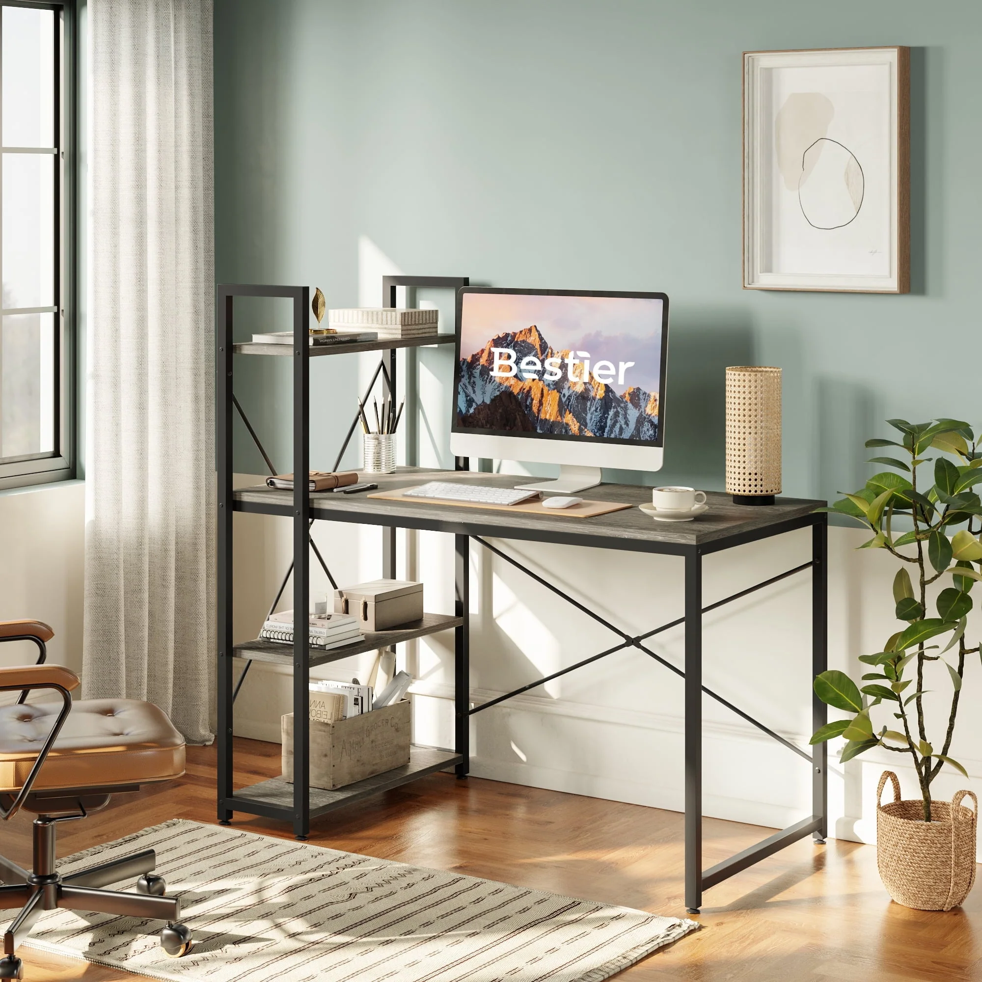 Bestier 47'' Computer Desk with Shelves for Home Office Retro Grey Oak-Dark Finish