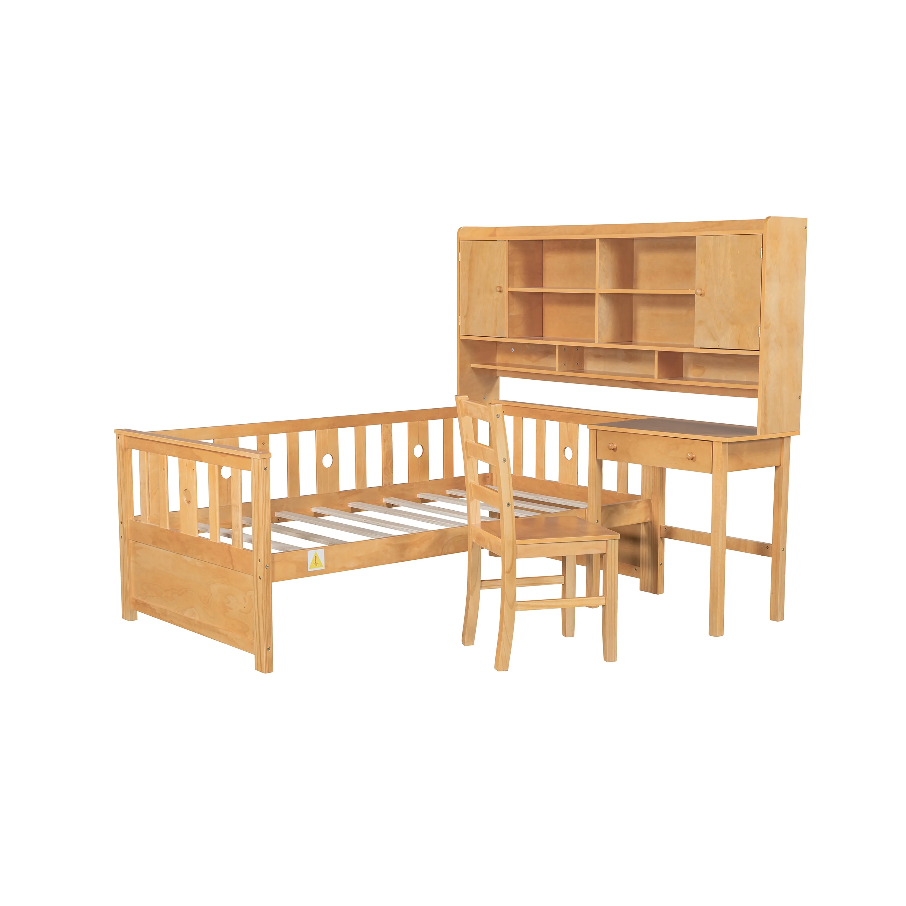 Euroco Wood Twin Size Platform Bed with Desk and Shelves, Table and Chair Set for Kids, Natural